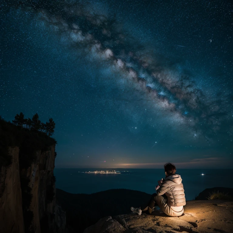 Starackpacker sitting on cliff，Mainly starry sky