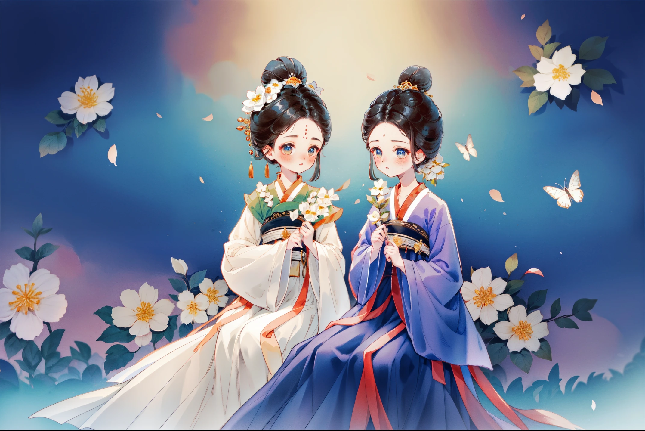 1 Sister, Alone, looking at viewert, face flushed, Background with, black hair color hair, hair adornments, longer sleeves, white backgrounid, Eternal, Full body lesbian, Hanfu, flowers blooming, hairflower, hair-bun, butterflys, tmasterpiece, recent quality, The finest details, Clear facial features, beautidful eyes