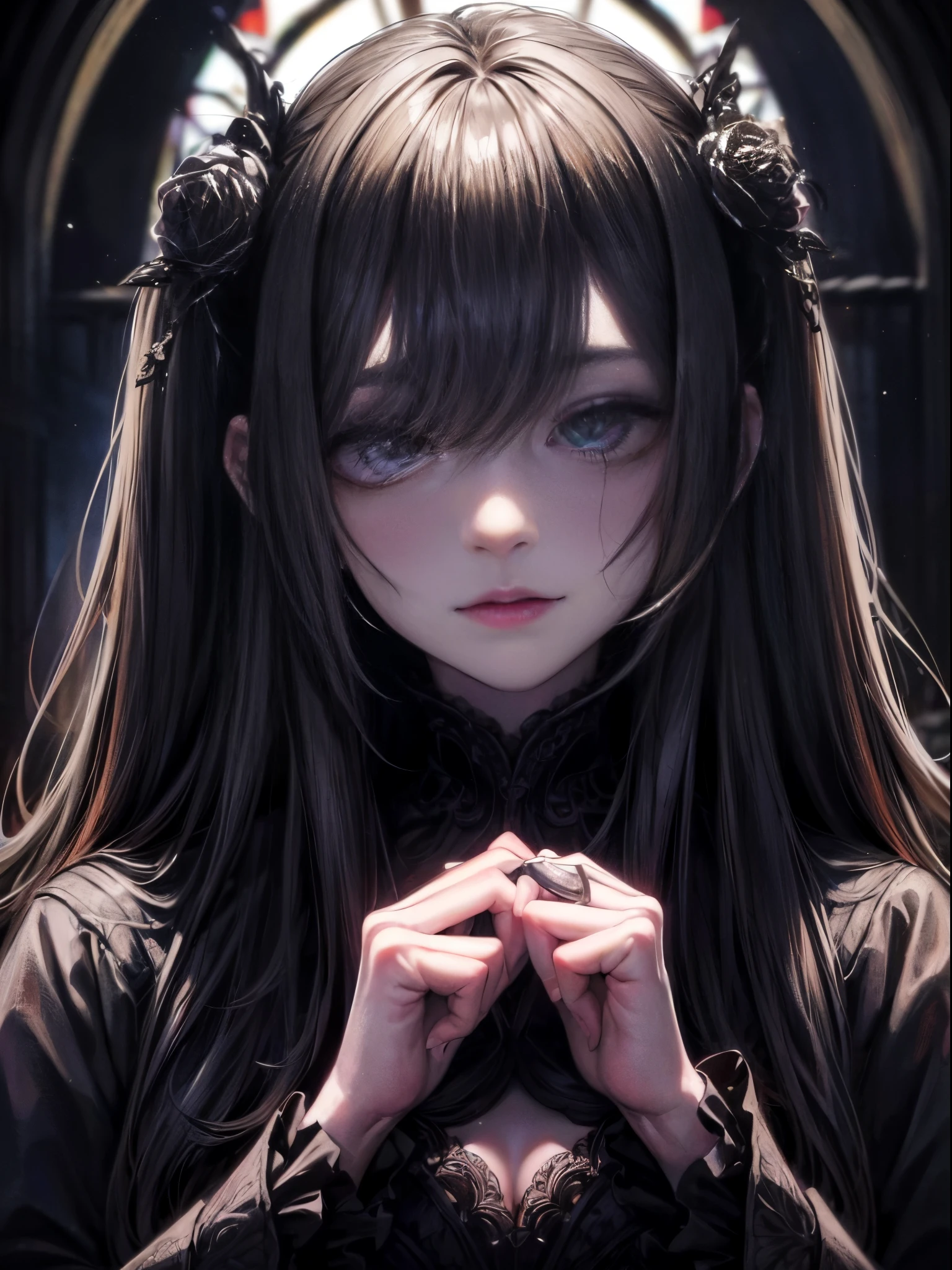 (Best Quality,4K,hight resolution,masutepiece:1.2),Ultra-detailed,Realistic,highly contrast,Halloween,Portrait,Dark,Gothic,haunting,Expressive,Colored,Moody lighting,decoration,mask figure,bright orange pumpkin,ominous vibe,eerie eerie atmosphere,Elements of surrealism,Attention to detail,Impressive brushwork,striking contrast,creepy,Ethereal,ghosts,shadowy,Mysterious,MACABRO,tome'tome'tome'It's tragic,Witch,haunted house,broody,Scary,uneasy,Undeservedly beautiful,Unforgettable charm,persuasion,charmed,haunting,image of memories.((in front of dark stained glass))