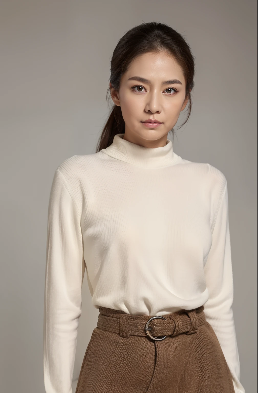 (1girl in:1.4),Natural smile, Cowboy Shot, Anatomically correct, Textured skin, Super Detail, Best Quality, masutepiece,gakki,Detail Beautiful delicate face、Detail Beautiful delicate eyes、depth of fields、Ray traching,a beauty girl,Model for women's fashion magazine,(Casual Fashion, elegant fabric, Turtleneck knitwear,skirt by the:1.5), Gorgeous, (Random hairstyle:1.2), (Floating hair:1.2), (Dynamic Pose:1.2), Soft lighting, Wind, makeup,(Natural smile:1.2),cowboy  shot