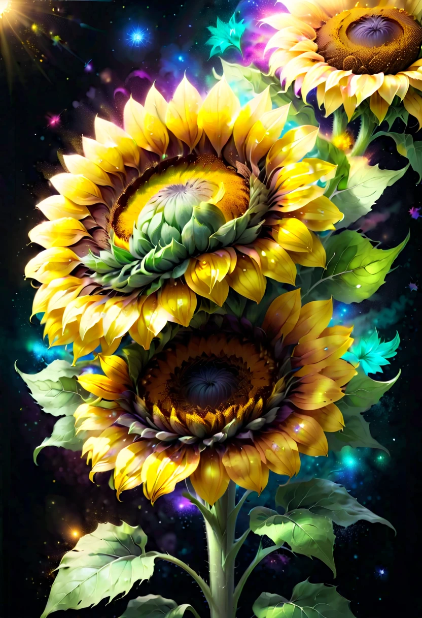 flowers and stars on the background, A delicate sunflower flower，glittery, giant sunflower flower head, Glowing flowers, Close-up of giant sunflower flower head, photorealistic detailed picture, beautiful  flowers, Draw flowers, glow magic, rendered illustration, photorealistic highly detailed, photorealistic illustration, The photographic reality of Altament, higher detailed illustrations, beautiful glowing backlit, light bloom sunlight, Hyper-realism, 电影灯光, lightand shade contrast