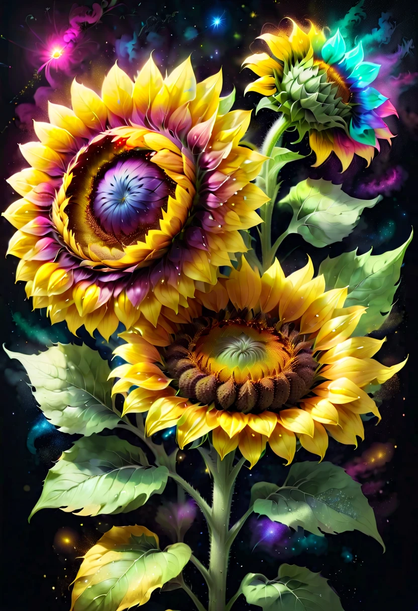 flowers and stars on the background, A delicate sunflower flower，glittery, giant sunflower flower head, Glowing flowers, Close-up of giant sunflower flower head, photorealistic detailed picture, beautiful  flowers, Draw flowers, glow magic, rendered illustration, photorealistic highly detailed, photorealistic illustration, The photographic reality of Altament, higher detailed illustrations, beautiful glowing backlit, light bloom sunlight, Hyper-realism, 电影灯光, lightand shade contrast