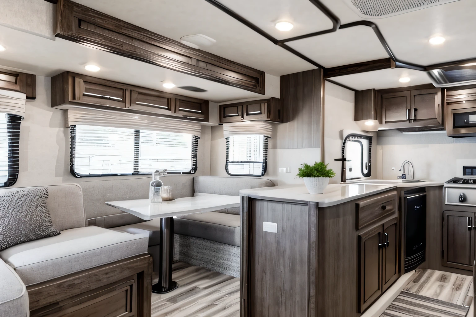 interior of a large family RV trailer, several rooms, kitchen, living space, modern, highly detailed, depth of field, global illumination, bright white and grey interior colors