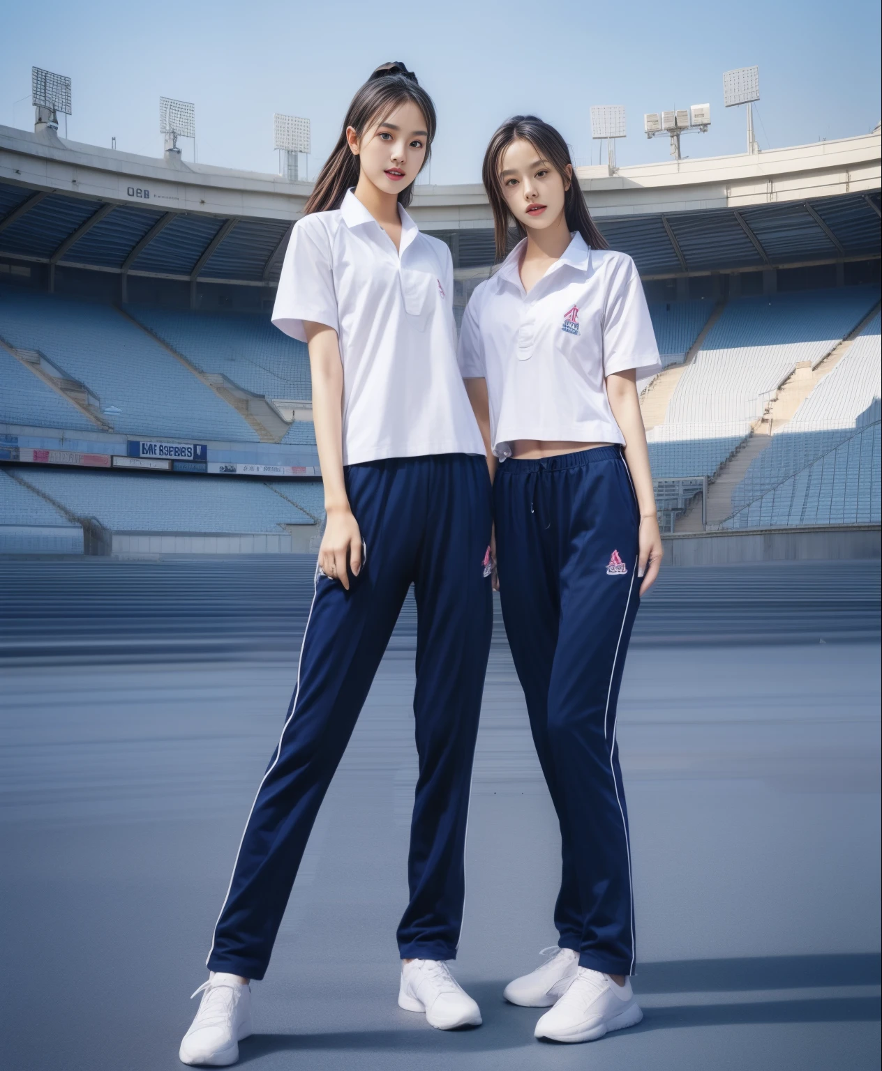 (bestquality,10,10,highres,masterpiece:1.2),ultra-detail,(Realistic,photorealistic portrait,photo-realistic:1.37),1 Cute girl in the football field,oily shiny skin,bara,light smile,BDclothelue shirt:1.3)),short sleeves,shirt, trousers.,(navy_long_Pants Track:1.1), ((Stadium Background:1.3)),dynamic angle,excited,face focus,Dynamic Poses,from behide,Ass Focus,masterpiece, bestquality, ultra realistic, hyper-detail, 8k resolution, RAW photo, crisp focus, ((Navy blue shirt:1.1)), short sleeves, Long Path, Perfect body, 2 mature women, 18yo, cinematic light,Blue sweatpants,Gymware,Correct anatomy,Complete body, Correct body, sharp face, Anatomically correct body, full entire body, Realistic gestures, long-haired, Realistic poses,Wear long shorts.....................................,Long leg span,Shapely,Sculpting Girl, Slender Figure, mannequin mannequins, Shapely, Beautiful body,Blue sweatpants, Two girls kissing