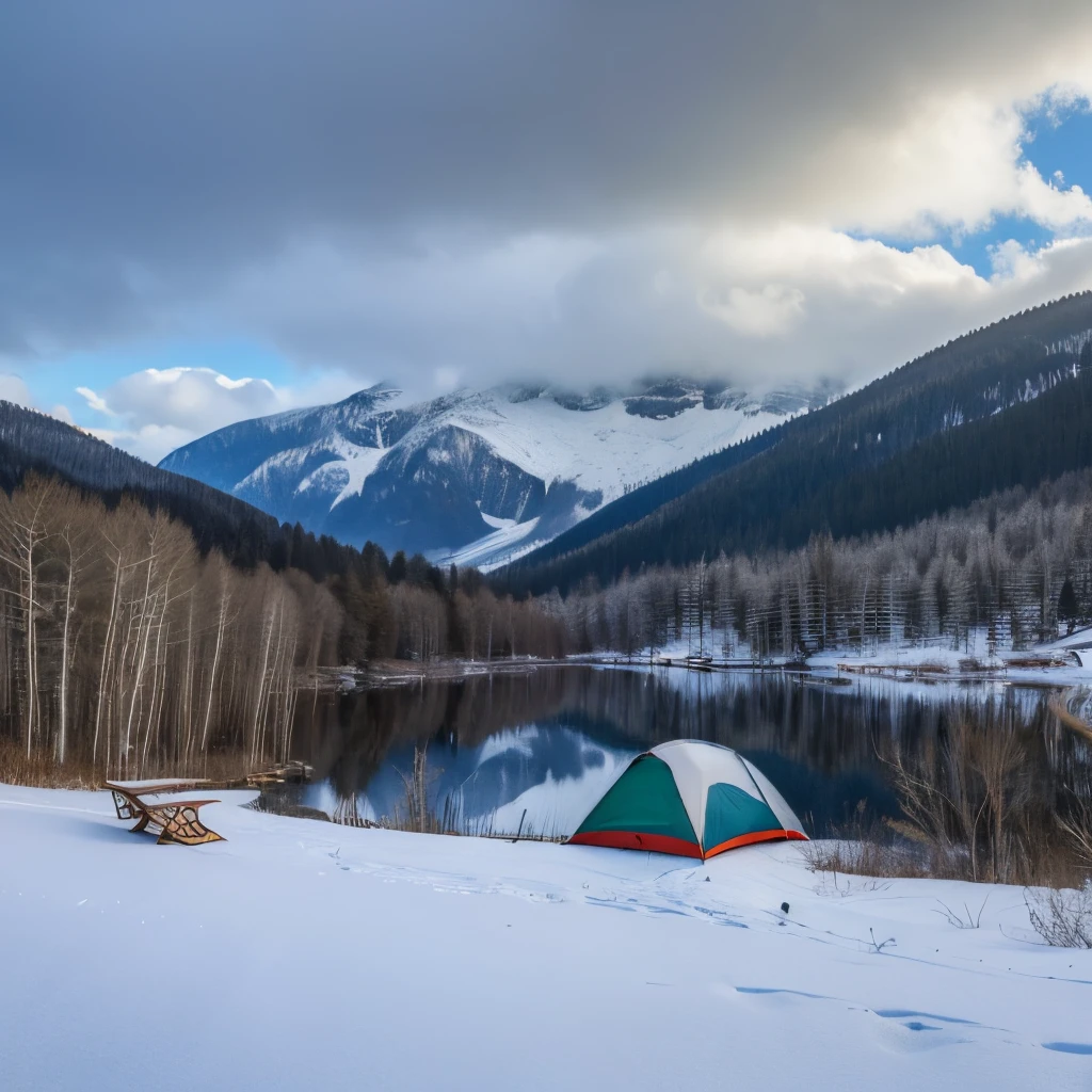 top-quality、​masterpiece、超A high resolution、8K、(Photorealsitic:1.4)、Raw photo、Winter Campsites、in woods、super huge tent、Luxury bed、Luxurious chairs、Wood deck、There are several people camping、lake、The sky is covered with gray clouds、cloudy ash sky、Winter scene、Winter Camp、early evening、There is a woman with very short hair wearing a black winter jacket.