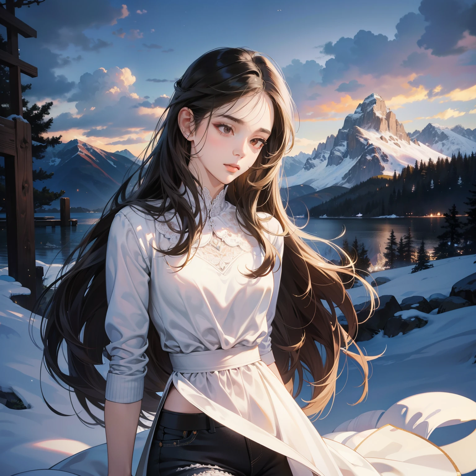 Masterpiece, high quality, best quality, HD, realistic, perfect lighting, detailed body, 1 woman, brown eyes, long hair, black Hair, cute expression, glowing, white princess dress, black jeans, mountain background.