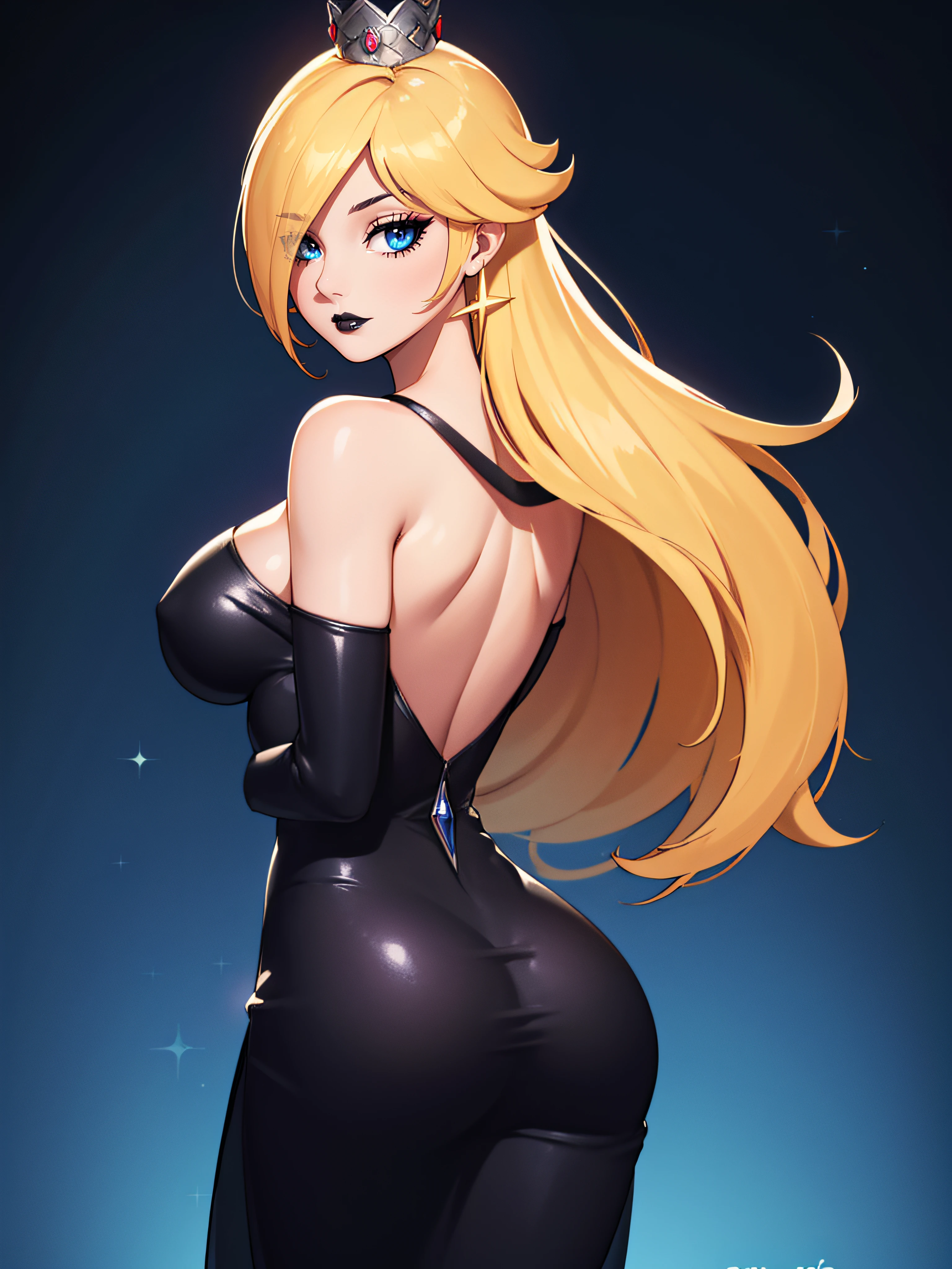 ((high detailed, best quality, 4k, masterpiece, hd:1.3)), Rosalina, blue eyes, BREAK blue eyes, seductive, attractive, sexy smile, smiling, smooth anime cg art, 36C breasts, long legs, vivid colors, detailed digital art, slim body, perfect skin, blonde hair, hair over one eye, long hair, BREAK crown, cleavage, 36C cleavage, looking at viewer, BREAK looking at viewer, extremely detailed face, golden dress, golden dress, golden dress with sparks, gold dress, shiny gold dress, earrings, star earrings, jewelry, gem, dark black makeup lips, dark gothic eyeshadows, dark eyeshadows, black eyeshadows, black sexy lips, black lips, (dark:1.2), dark lips, very dark lips, (perfect hands, perfect anatomy), black makeup, black medium lips, black thick lips, detailed fingers, five fingers per hand, 5 fingers, (1 girl), detailed lips, detailed black lips, black painted lips, gothic painted lips, BREAK night, night sky, sky, star \(sky\), star \(symbol\), space, sun, (breast focus), (arms behind back:1.2), (breasts out:1.3), (off shoulder:1.1), (((With your back turned:1.5, Looking Back Pose))), ((Looking back)), (from behind: 1.1)