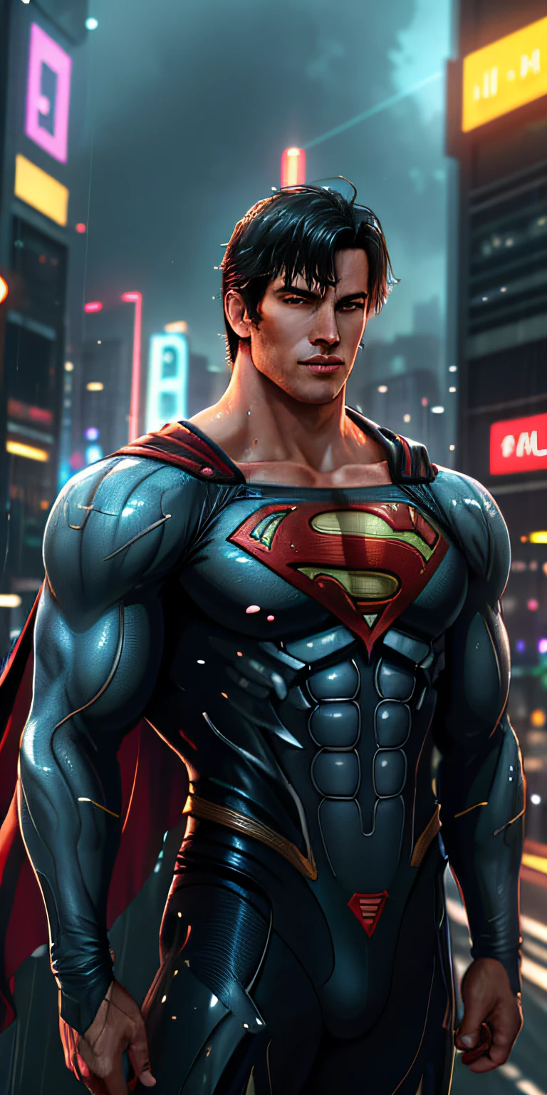 Superman high-tech fica imponente em uma cidade cyberpunk chovendo. Neon highlights your muscles, chuva e cicatrizes. The scenery is lush and mysterious rain, com chuva e arredores. The camera details everything. neon lights, chuva,x bat