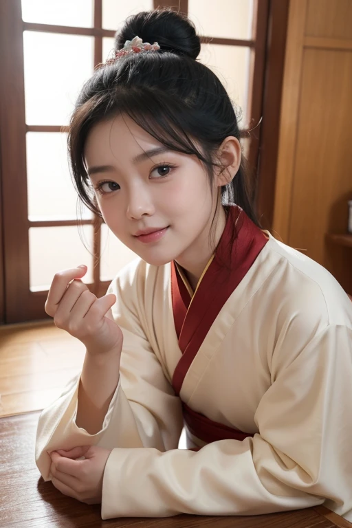 cozy room,Chinese style room,a little lovely ??? girl,children's,Anatomical correct,Dressed in period costume,exquisite facial features,The skin is delicate and rosy,Black colored eyes,with short black hair,Tie your hair into a bun,ssmile,(wink:1.6),(Grimacing:1.4),Playful expression,(One hand drags his chin:1.6),tmasterpiece,A high resolution,high detal,3 Rendering