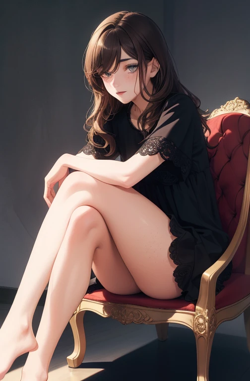 1girl, beautiful woman, medium wavy brown hair, freckles, dark eyelashes, perfect eyes, perfect face, intricate, intricate details, anime, sitting down, legs crossed