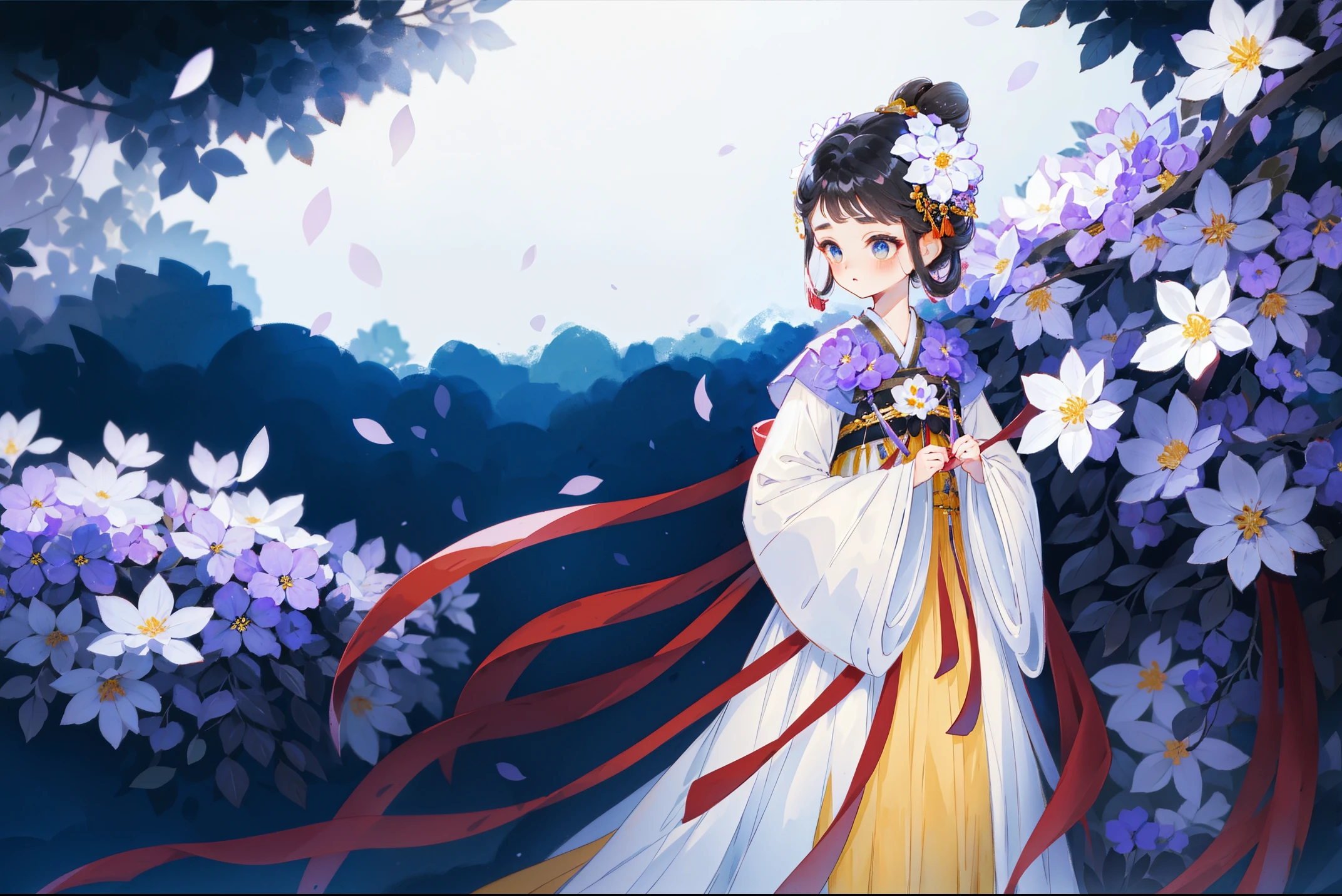 1 Sister, Alone, looking at viewert, face flushed, Background with, black hair color hair, hair adornments, longer sleeves, white backgrounid, everlasting, Full body lesbian, Hanfu, colorful, flowers blooming, hairflower, hair-bun, butterflys, tmasterpiece, recent quality, The finest details, Clear facial features, beautidful eyes
