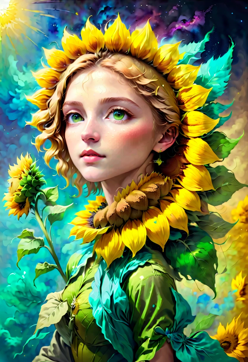 Van Gogh style、(A delicate sunflower flower)、painting of itality、Beauty、Creative depiction、Hope and courage、think and appreciate, (((No Man)))