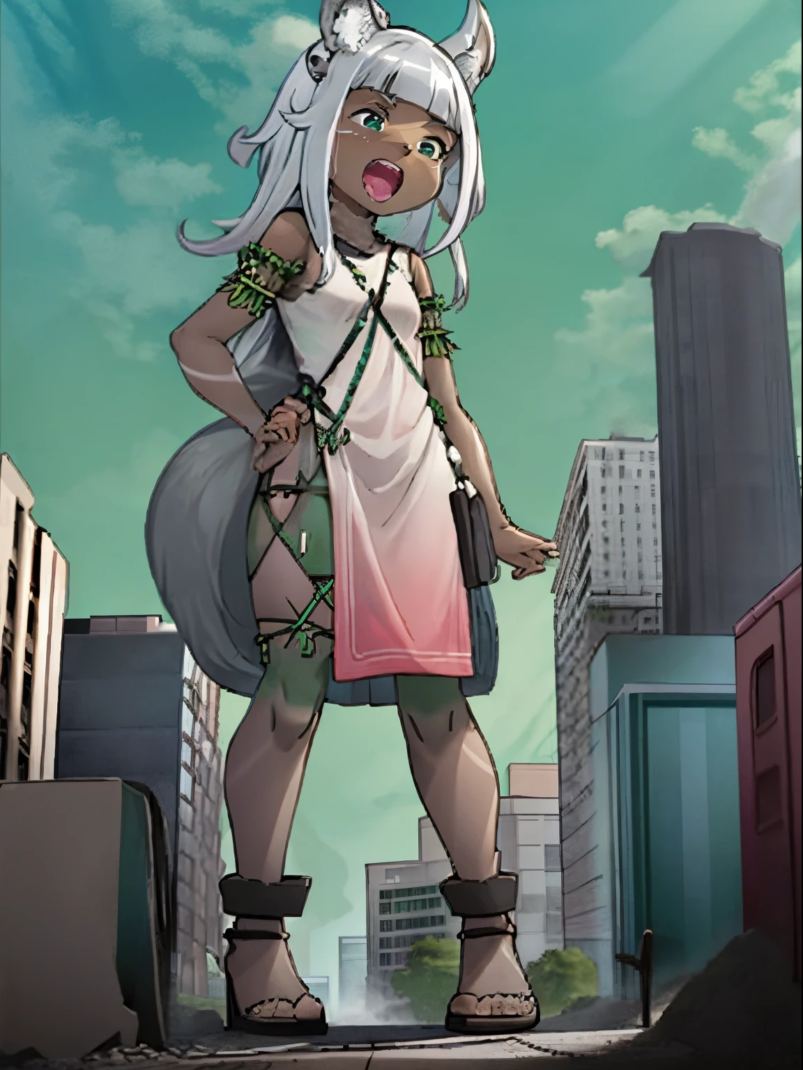 Ochette, 1 girl, dark skin, white hair, green eyes, giantess, huge, 70 ft tall, cute, full body, best quality, pink dress, metal bracelets, larger than buildings, flat ground, street, ground visible, loose baggy black shorts, adorable, kind, gentle, empty hands, small build, slim, curious, detailed mouth, size difference, standing over skyscrapers, putting a hand on a building rooftop
