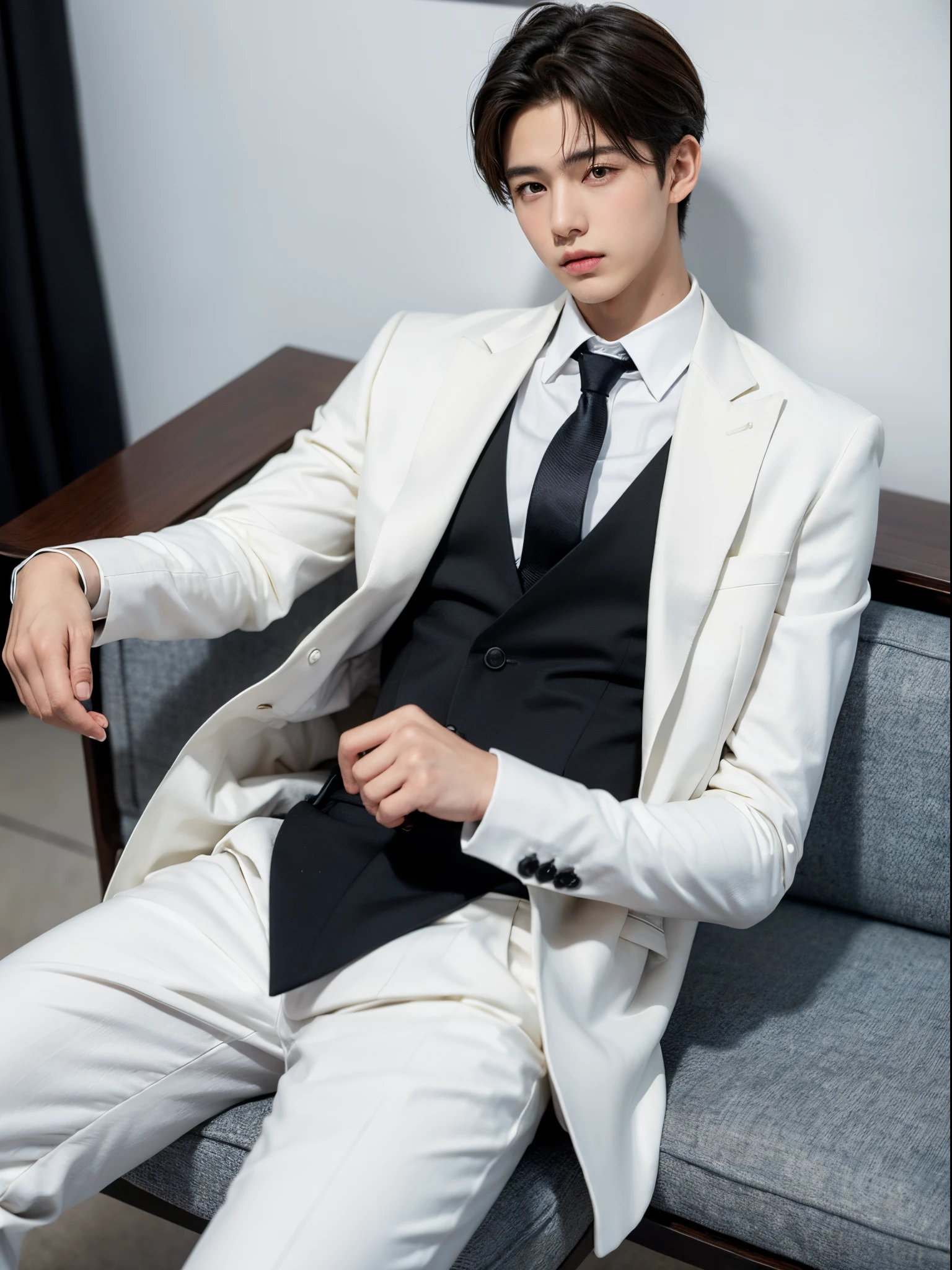 boy,  y.o, handsome, white ham, black suit, tie, trousers, school