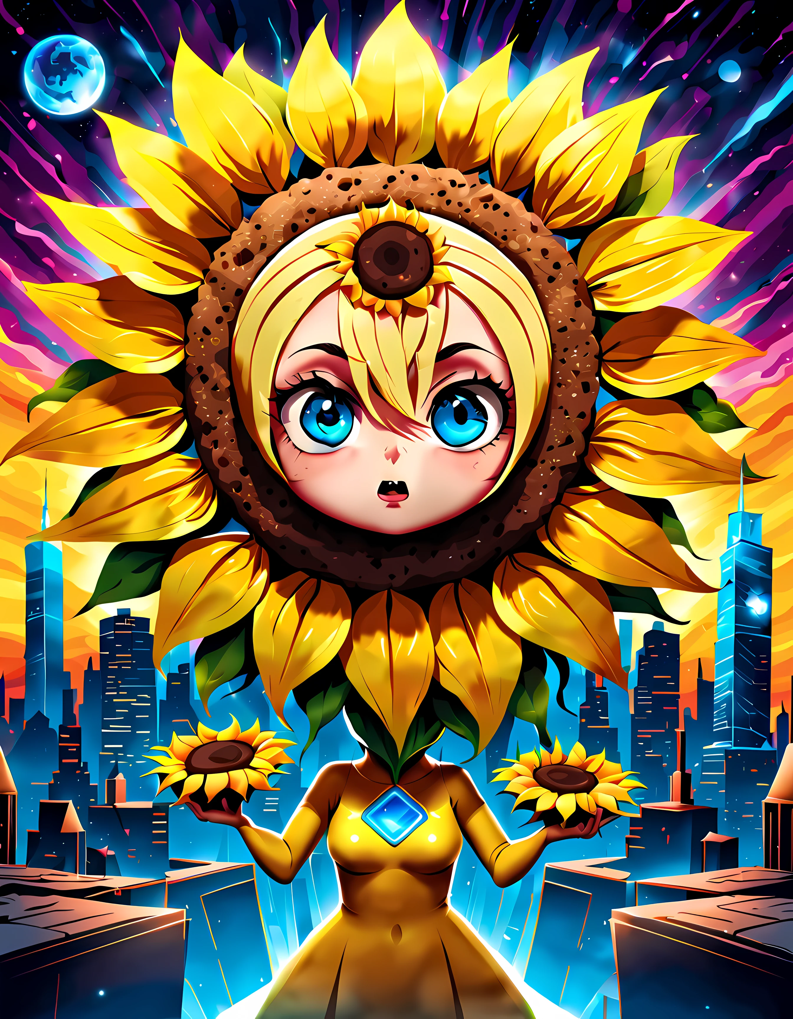 (solo:1.3), (symmetrical:1.3), (cute cartoon style:1.3), captivating (((lady shaped as a furious menacing sunflower))) ((holding a giant cookie)) amidst cosmic cityscape, giant eyes, futuristic marvel of interstellar architecture radiates vibrant colors, power, mystery, resilience in a captivating display of cosmic beauty, ((manipulating force and matter)), More Detail