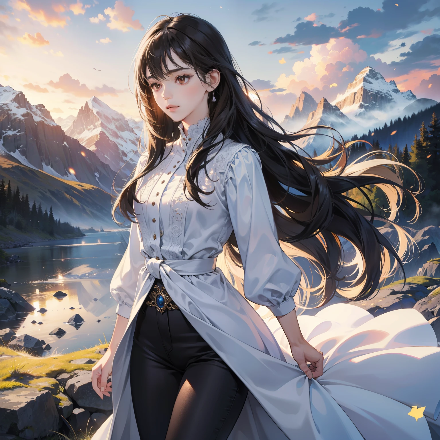 Masterpiece, high quality, best quality, HD, realistic, perfect lighting, detailed body, 1 woman, brown eyes, long hair, black Hair, cute expression, glowing, white princess dress, black jeans, mountain background.