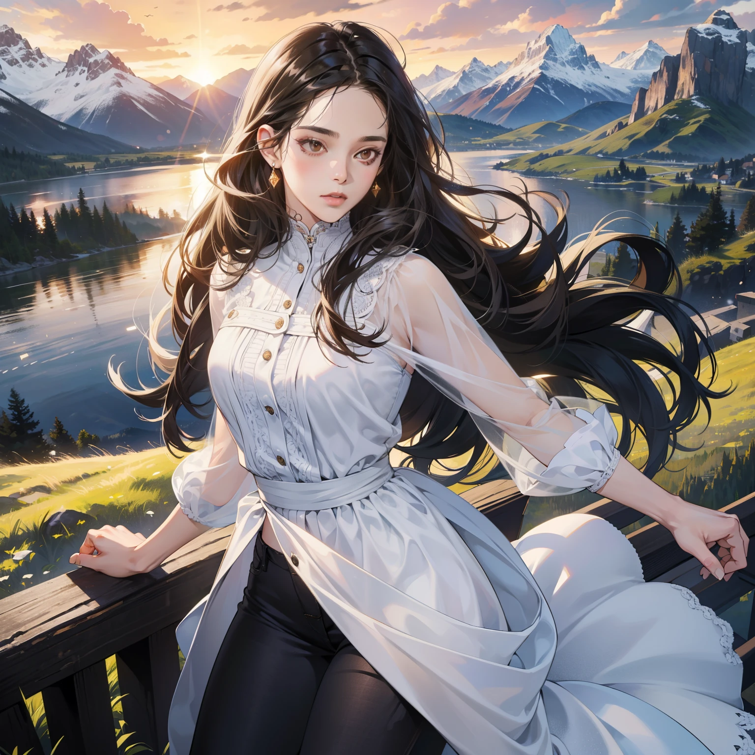 Masterpiece, high quality, best quality, HD, realistic, perfect lighting, detailed body, 1 woman, brown eyes, long hair, black Hair, cute expression, glowing, white princess dress, black jeans, mountain background.