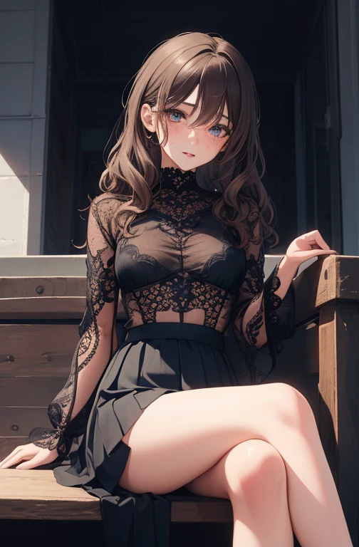 1girl, beautiful woman, medium wavy brown hair, freckles, dark eyelashes, perfect eyes, perfect face, long skirt, intricate, intricate details, anime, sitting down, legs crossed