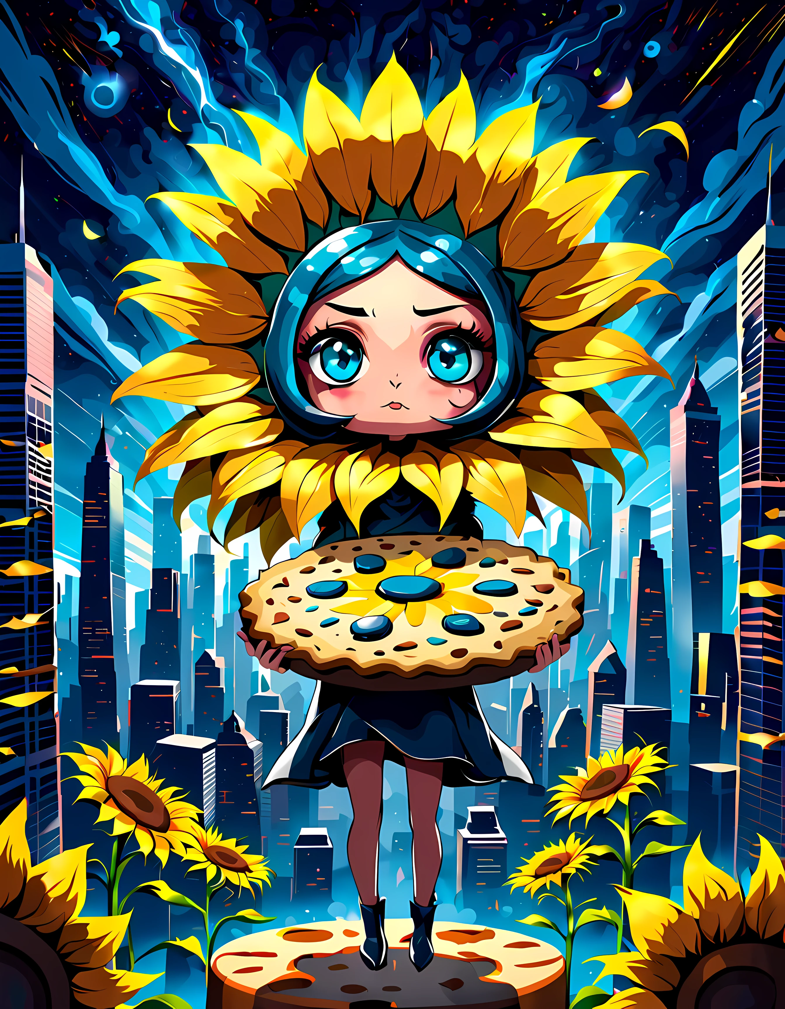 (solo:1.3), (symmetrical:1.3), (cute cartoon style:1.3), captivating (((lady shaped as a furious menacing sunflower))) ((holding a giant cookie)) amidst cosmic cityscape, giant eyes, futuristic marvel of interstellar architecture radiates vibrant colors, power, mystery, resilience in a captivating display of cosmic beauty, ((manipulating force and matter)), More Detail