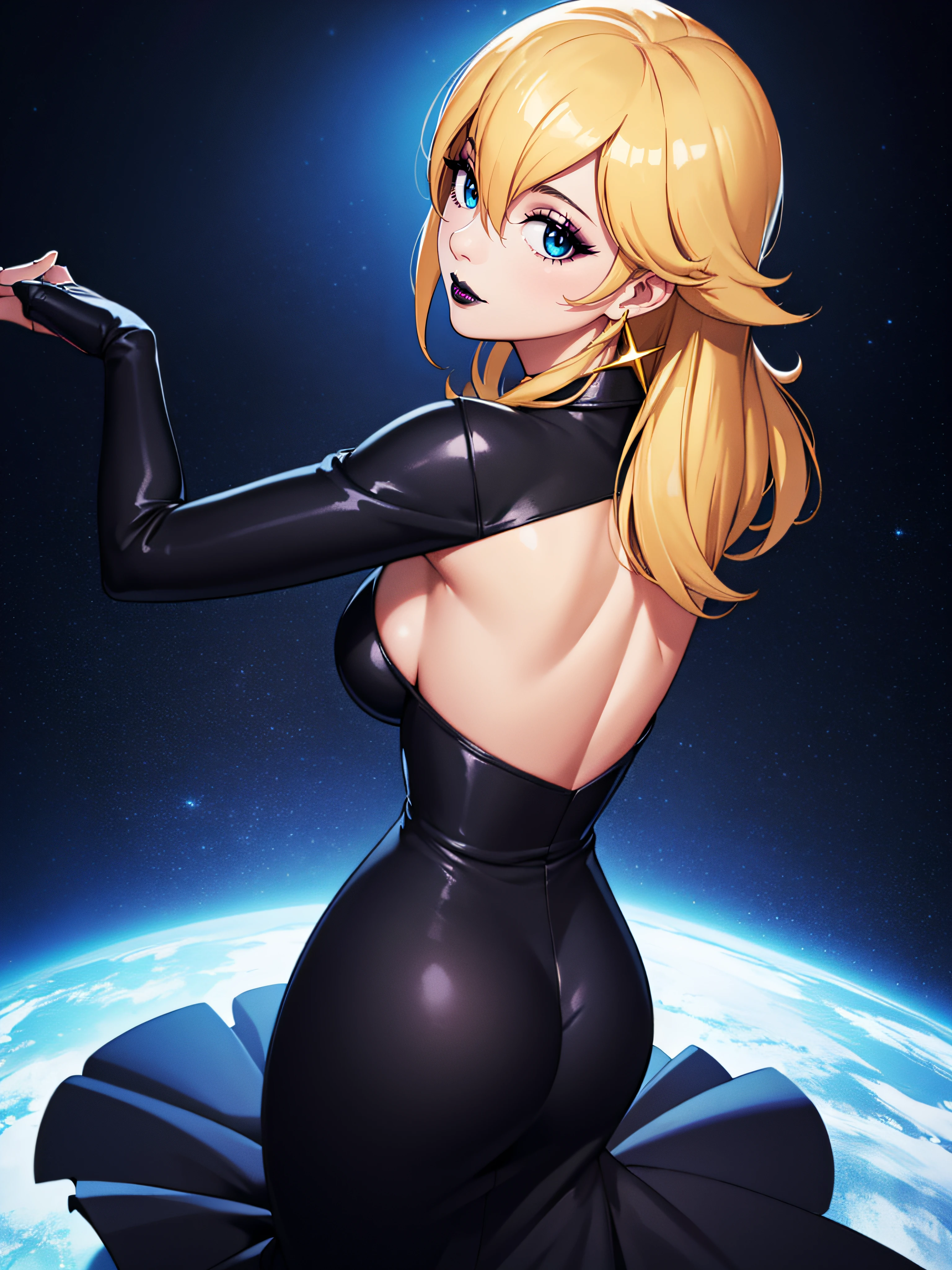 ((high detailed, best quality, 4k, masterpiece, hd:1.3)), Rosalina, blue eyes, BREAK blue eyes, seductive, attractive, sexy smile, smiling, smooth anime cg art, 36C breasts, long legs, vivid colors, detailed digital art, slim body, perfect skin, blonde hair, hair over one eye, long hair, BREAK crown, cleavage, 36C cleavage, looking at viewer, BREAK looking at viewer, extremely detailed face, golden dress, golden dress, golden dress with sparks, gold dress, shiny gold dress, earrings, star earrings, jewelry, gem, dark black makeup lips, dark gothic eyeshadows, dark eyeshadows, black eyeshadows, black sexy lips, black lips, (dark:1.2), dark lips, very dark lips, (perfect hands, perfect anatomy), black makeup, black medium lips, black thick lips, detailed fingers, five fingers per hand, 5 fingers, (1 girl), detailed lips, detailed black lips, black painted lips, gothic painted lips, BREAK night, night sky, sky, star \(sky\), star \(symbol\), space, sun, (breast focus), (arms behind back:1.2), (breasts out:1.3), (off shoulder:1.1), (((With your back turned:1.5, Looking Back Pose))), ((Looking back)), (from behind: 1.1)