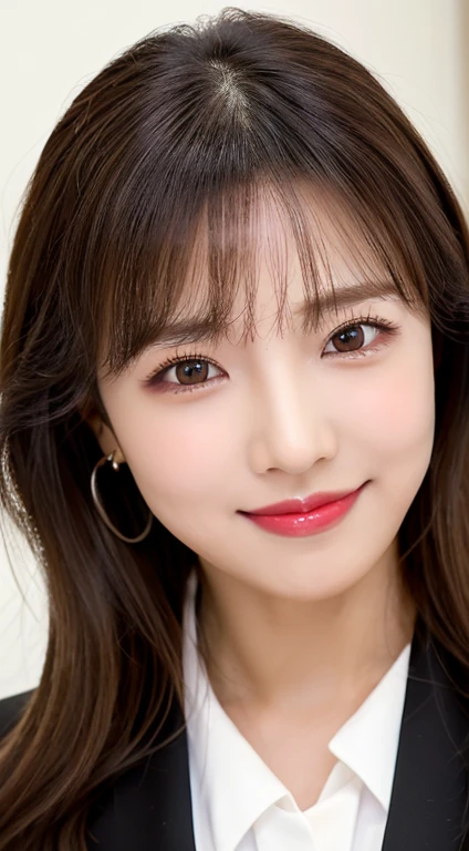 of the highest quality, masutepiece, 超A high resolution, Photorealistic, 1 girl,High-resolution full-body images, red-lips, Smile, slightly visible, Wearing a suit,skirt by the,fullbody image,Soft lighting, Detailed skin, Bangs, Black hair, Clear eyes, Short bob hair, Transparency, Japan, Korean, Beautiful woman, Upper Eyes, Lip gloss, Teardrops, Mole on the chest,unclear, Highlight the lines of the body,The background is office