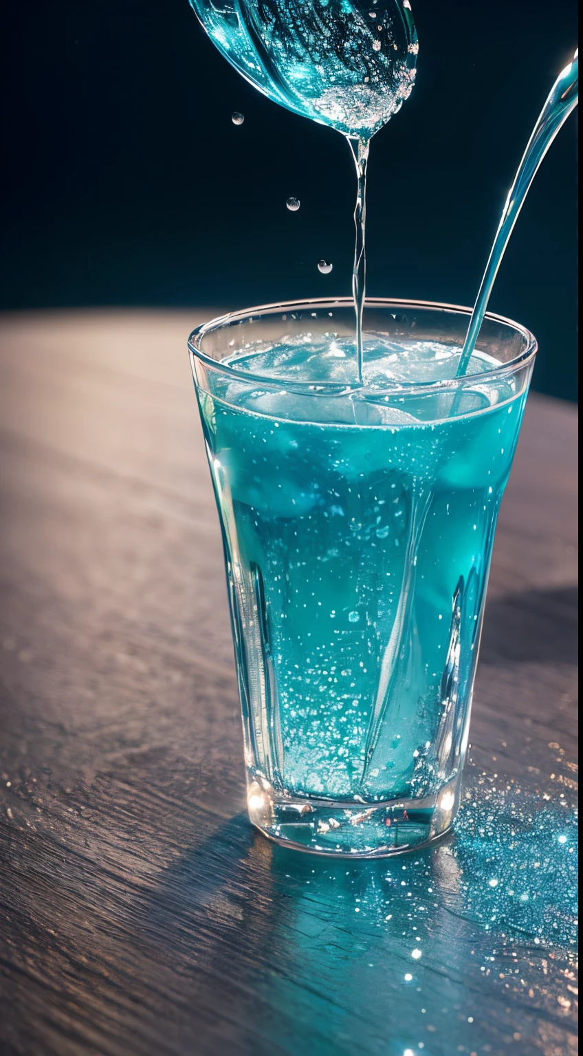 (masterpiece) (hight resolution) (top-quality) Water droplets falling on the surface of the water Super close-up of water droplets (Universe in a glass) perfect water drop super transparent Blue Grotto cocktails (Gradient Color:from blue to green) Glitter shines brightly