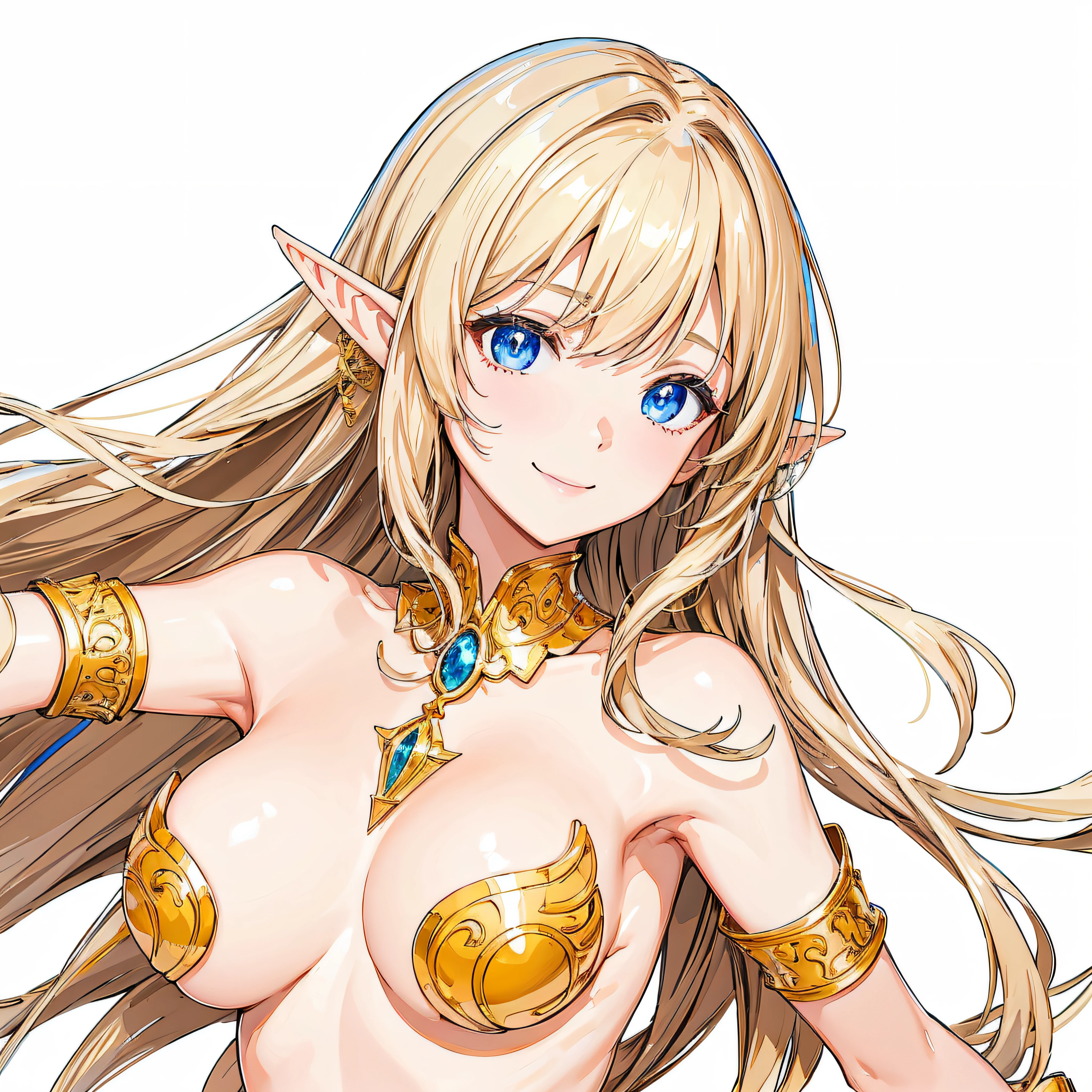 masterpiece、top-quality、ighly detailed、hight resolution、16k、fullnude、Teetoob proportions、golden armour、Very thin skirt、Black pants、Very white skin、Beautiful fingers、Anime girl with very big breasts posing naked、Perfect Style、elvish、no-bra、Blonde blue-eyed、A smile、An elf girl、slim the contours