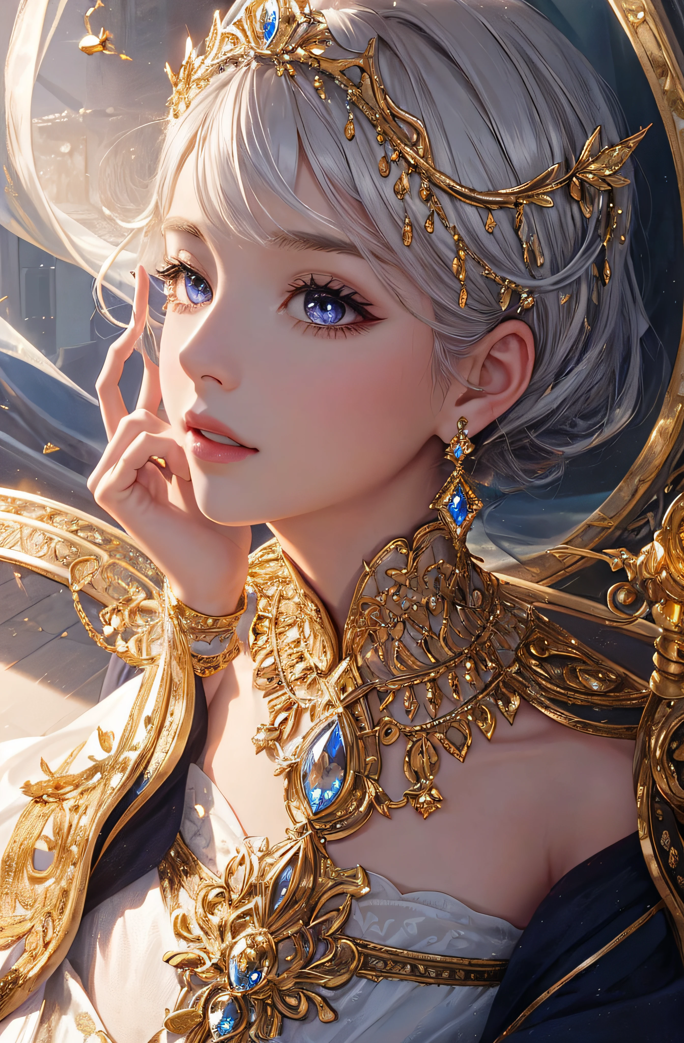 The upper part of the body、The face is front、profile、8K、realphoto、超A high resolution, Master Parts, Best Quality, nffsw , cinematic images,Lovely girl、ann、16 only、Anglo-Saxon、二重まぶた、drooing eyes、Very big eyes、Eyes purple、Dark eye shadow、The lips are very thin、The tip of the nose stretches beautifully......................、the tip of the nose is small,,,,, ighly detailed , Silver hair、Straight short hair、ssmile、 Sweet look 、a very beautiful woman、legs are long、 Very clear shadows , jewely , A sexy , A detailed eye, very intricate, shiny skins , Perfect Brilliant, Perfect Lighting, Dramatic shadows、White tiara on head、Gold necklace around the neck、White aristocratic dress with gold embroidery、