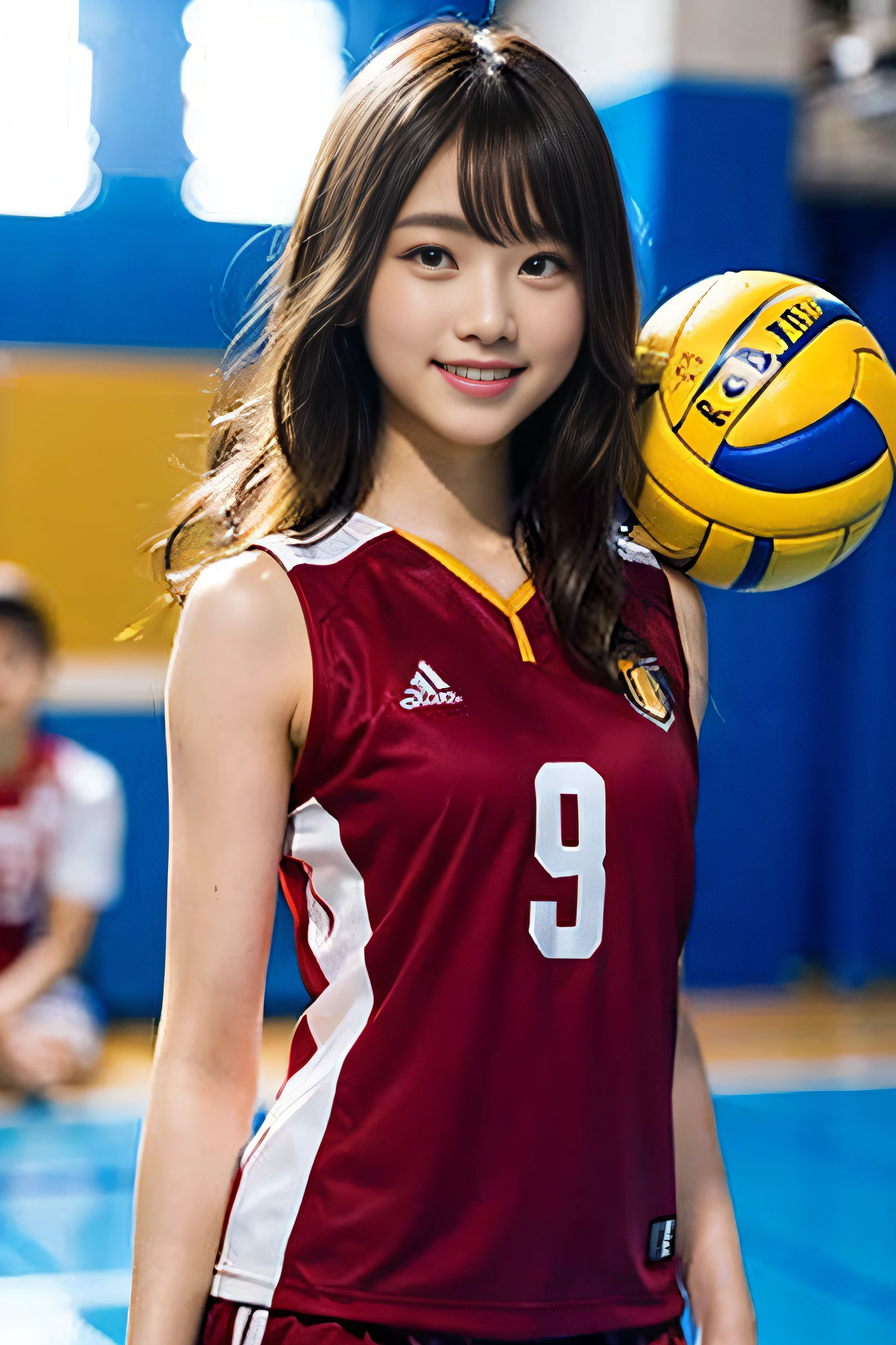 (8K、Raw photography、top-quality、masterpiece:1.2)、(realisitic、Photorealsitic:1.37)、ultra-detailliert、超A high resolution、1人、see the beholder、beautifull detailed face、A smile、Constriction、(Slim waist) :1.3)、Beautiful detailed skin、Skin Texture、Floating hair、Professional Lighting、Whole human body、Longhaire、a blond、Volleyball player uniforms、Volleyball Venues、Tight clothes、Undersized clothing、Bob Hair、Happy smile、sixteen years old、a baby face、Childish smile、Suppin、Moisturizing lips、F Cup Breasts、Navel Ejection、Split abs、Sleeveless、Bun hairstyle