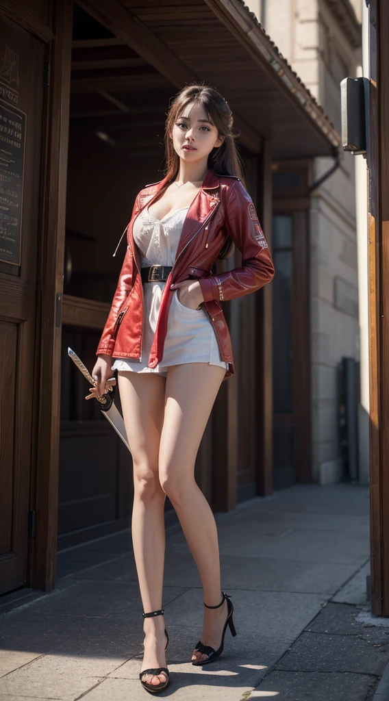 ((( Show the full model from vieweraster-piece))), (((beste-Qualit))), ((Very detail)), (exaggerate.), (highly detailed CG illustration), Cinematic lighting, Realistic as a photo ,very beautiful girl., (Beautiful face and lips), light makeup, Big breasts, Pictures with complex details, red jacket, sword, trending on artstation (Show a full body standing pose..) (Realistic, Watch Movies) (low angle) (Realistic backgrounds)(Use a 200mm focus lens. F2 aperture.0)(Show 2 full legs.)