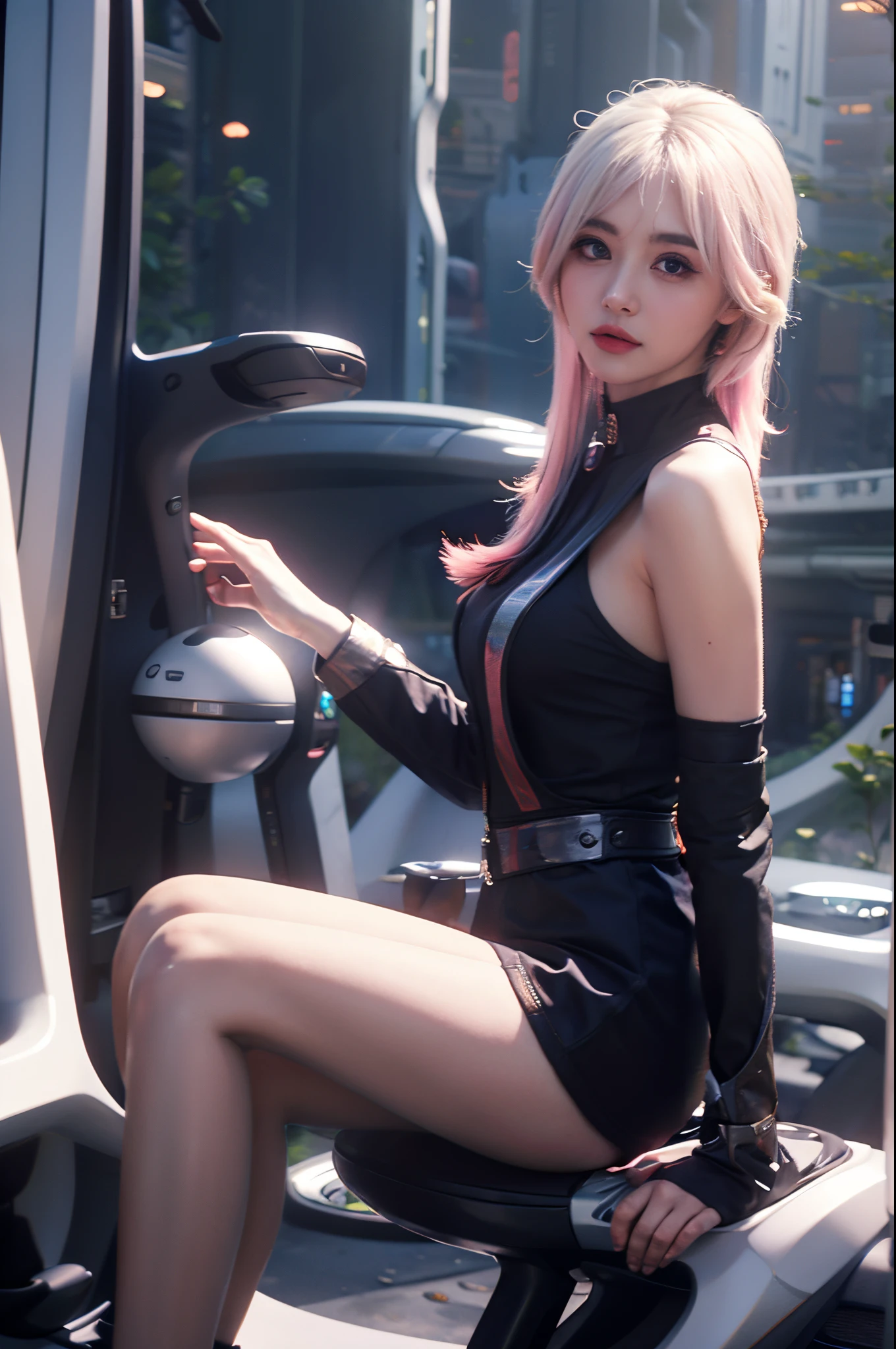 masterpiece, best quality, 1girl, collei, genshin impact white hair, pink hair, cute, tear shaped pupils, happy, cyberpunk city