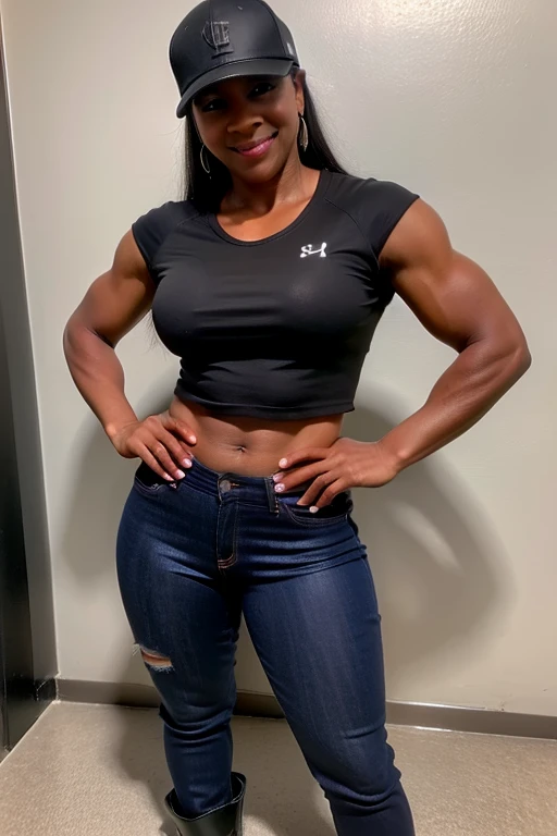 40 year old akilah bodybuilder baseball hat tight jeans and crop top, leather boots