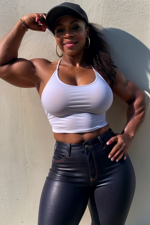 40 year old akilah bodybuilder baseball hat tight jeans and crop top, leather boots