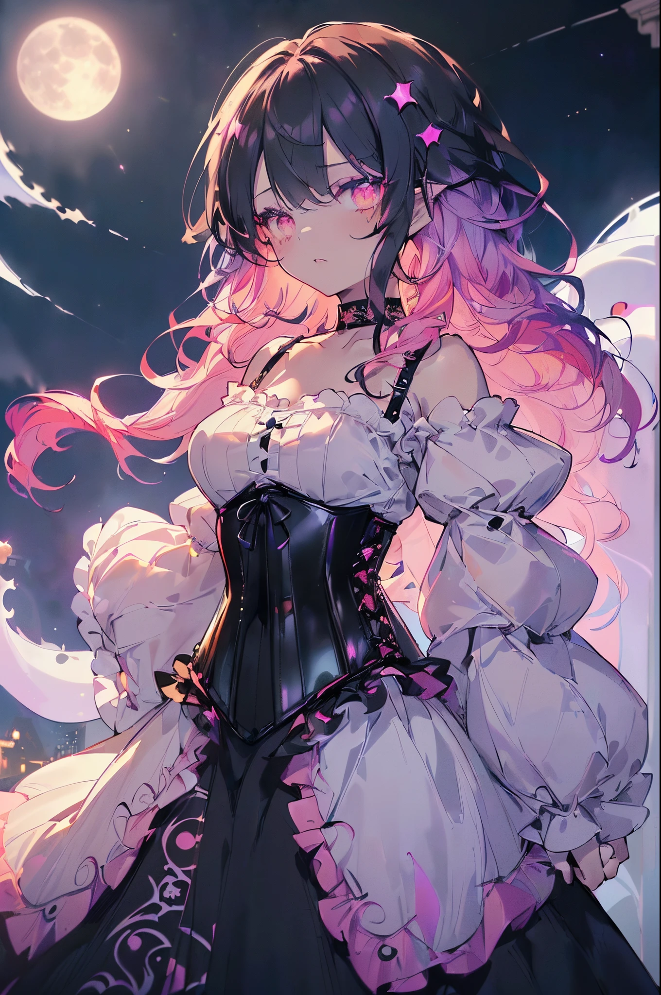 (((masutepiece, Best Quality))), (((dense lines))), (((Sharp Focus))), ((1girl in, Ghost Girl)), (((floating, multicolored hair, Gradient Hair, Two-tone hair, Black hair, Pink hair, Red hair:1.2))), (((Very long hair))), (((Red glowing eyes))), ((slanted eye)), (thick eyeliner), (Dark eyeshadow), (((lipstick without long eyelashes), (((Black Choker))), (((black lace corset dress, long puffy dress sleeves))), (((off shoulder dress medium chest))), (((Scenery, ghosts, Night, Starry sky, Spooky mansion, real face, moon behind))), (((Cowboy Shot, Atmospheric perspective))), Korean Webtoon Girl, Big eyes, Shadow Lipstick, Cute face, oval-face, Colored hair, Curly hair, Straight hair, kahuka1, Ombre, ombre hair, Better clothes, Detailed clothing, Perfect clothes, Add_detail:0.5, Add_detail:1, Add_detail:1, Add_detail:0, Add_detail:2, Ink Anime, ((Glow Phi)), (Growart), kahuka1, Colorful mix, multicolored hair, Wavy Hair, nffsw, Glow Phi,