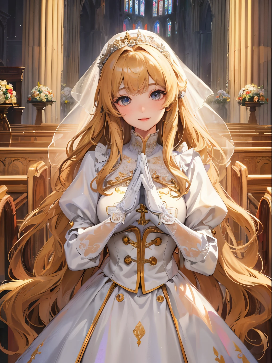 In front of the altar of a majestic church、brightened light、golden long hair girl、Classic White Wedding Dresses、lots of races、lots of ribbons、voluminous puff sleeves、long cuffs with many buttons、golden embroidery、Long Train、white embroidered gloves、5 fingers、A smile、Redness of the cheeks