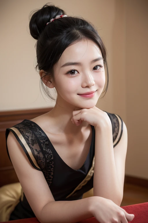 cozy room,Chinese style room,a little lovely ??? girl,children's,Anatomical correct,Dressed in period costume,exquisite facial features,The skin is delicate and rosy,Black colored eyes,with short black hair,Tie your hair into a bun,ssmile,(wink:1.6),(Grimacing:1.4),Playful expression,(One hand drags his chin:1.6),tmasterpiece,A high resolution,high detal,3 Rendering
