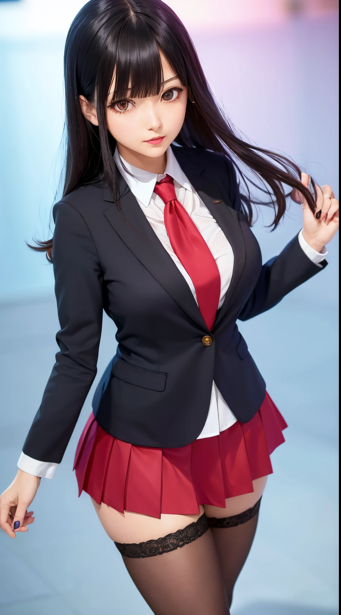((Best Quality)), ((masutepiece)), (Detailed), Perfect face　A detailed face　cleavage of the breast　younggirl　long, thick black hair　 Blunt bangs　Single-color background　is standing　Student Council President　blazers　a miniskirt　Wear school uniforms