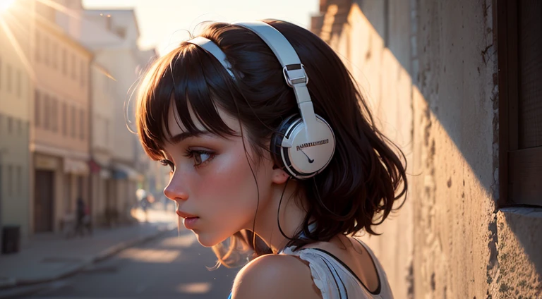 (((masterpiece))), (((best quality))), ((ultra-detailed)) ((sunlight light)) lo-fi minimalistic girl watching the sun, the girl is listening to music, girl is dancing