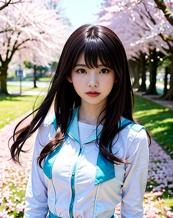 1girl in,A dark-haired, Floating hair, ribbed,Scenic,Scenic,cherry trees, Falling petals, Sunlight,Divine Rays,The upper part of the body,  Girl in turquoise sailor look