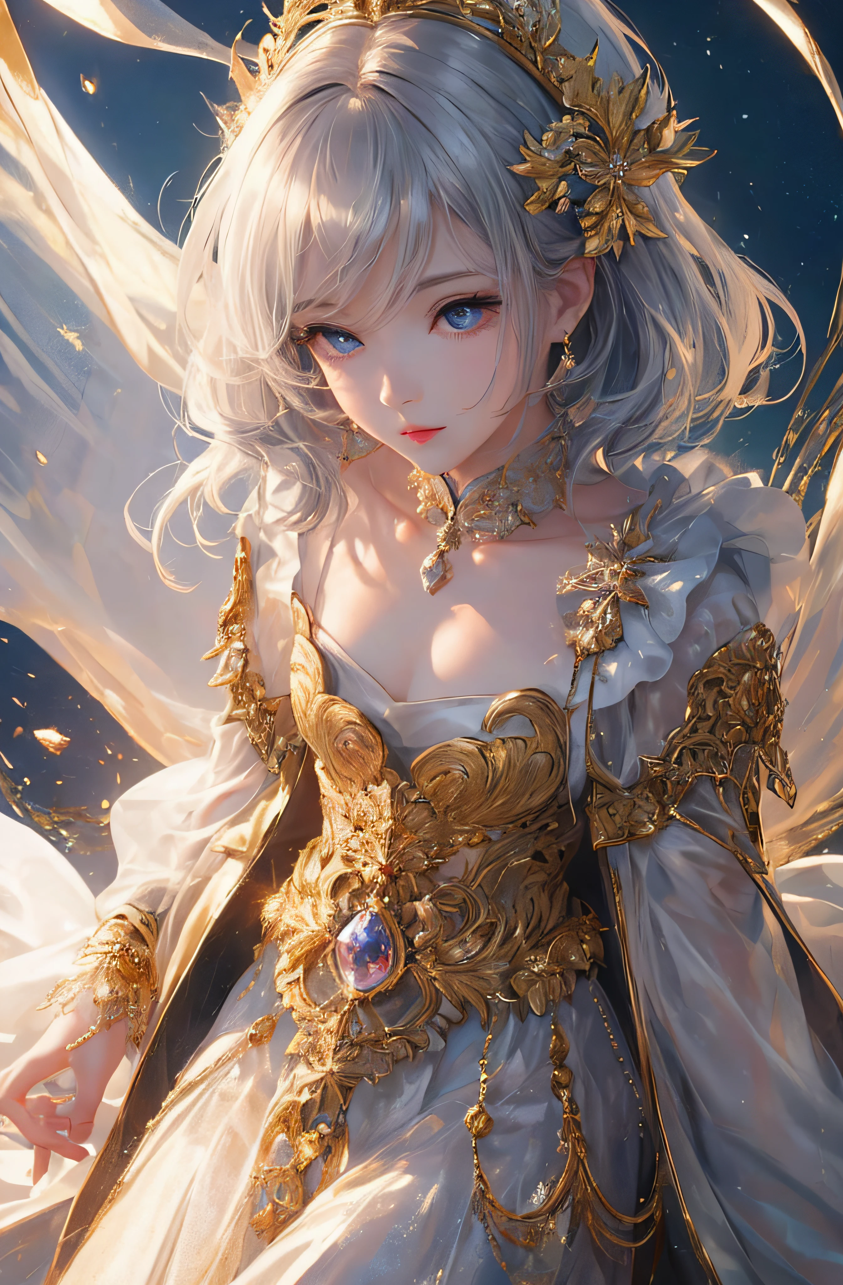 The upper part of the body、The face is front、profile、8K、realphoto、超A high resolution, Master Parts, Best Quality, nffsw , cinematic images,Lovely girl、ann、16 only、Anglo-Saxon、二重まぶた、drooing eyes、Very big eyes、Eyes purple、Dark eye shadow、The lips are very thin、The tip of the nose stretches beautifully..........................、the tip of the nose is small,,,,, ighly detailed , Silver hair、Straight short hair、ssmile、 Sweet look 、a very beautiful woman、legs are long、 Very clear shadows , jewely , A sexy , A detailed eye, very intricate, shiny skins , Perfect Brilliant, Perfect Lighting, Dramatic shadows、White tiara on head、Gold necklace around the neck、White aristocratic dress with gold embroidery、