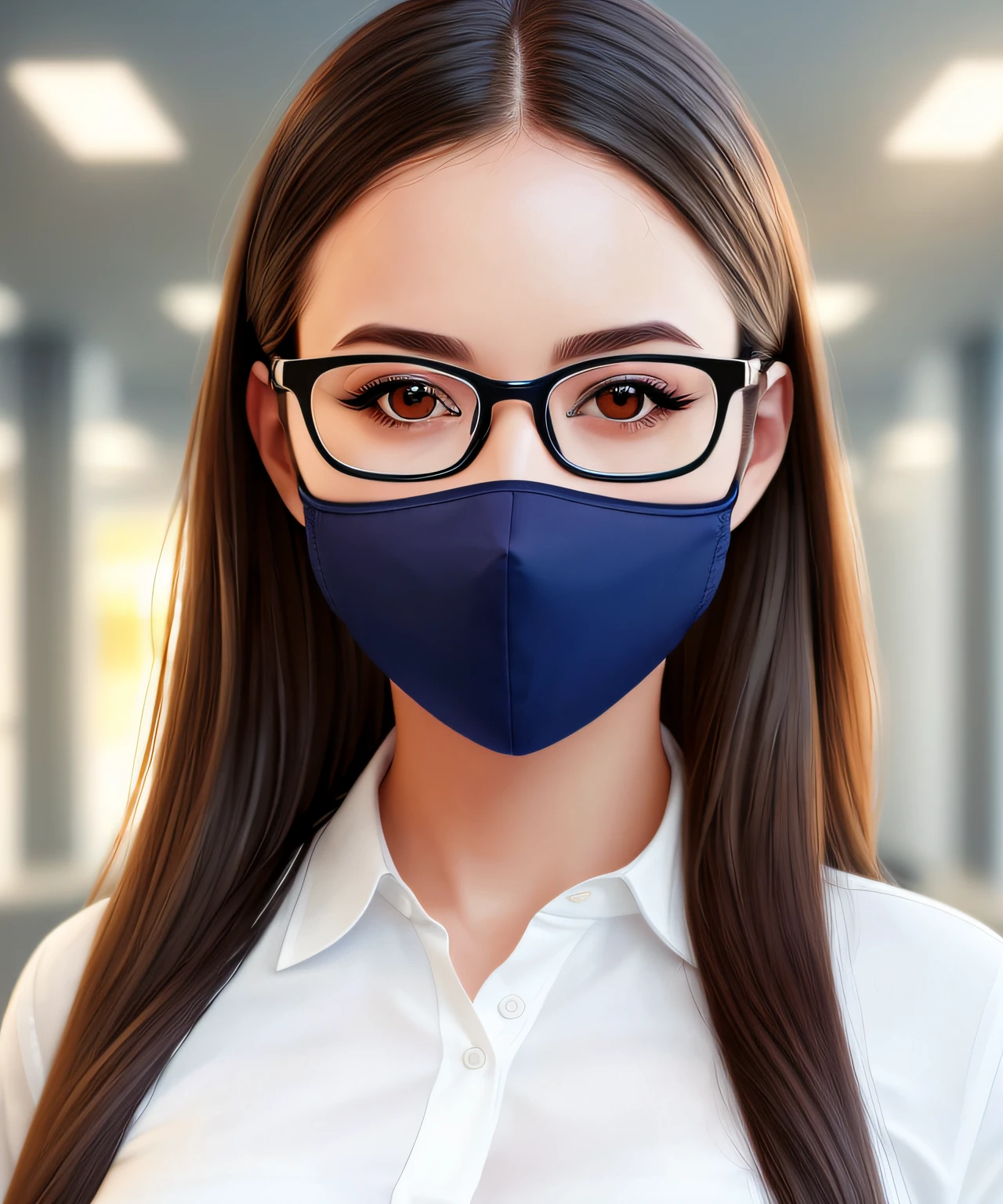 "(best quality,highres:1.2),beautiful girl with glasses and face mask,detailed eyes,soft lips,clear glasses,protective mask,office background,vibrant colors,soft lighting,portrait style,bokeh,realistic rendering"