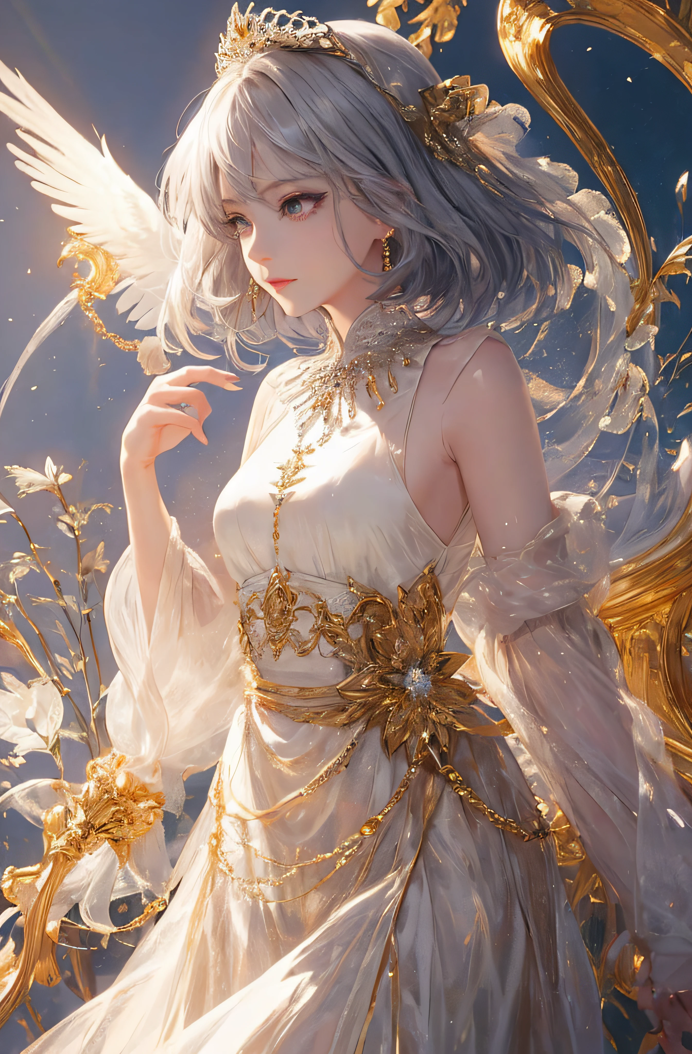 The upper part of the body、The face is front、profile、8K、realphoto、超A high resolution, Master Parts, Best Quality, nffsw , cinematic images,Lovely girl、ann、16 only、Anglo-Saxon、二重まぶた、drooing eyes、Very big eyes、Eyes purple、Dark eye shadow、The lips are very thin、The tip of the nose stretches beautifully..........................、the tip of the nose is small,,,,, ighly detailed , Silver hair、Straight short hair、ssmile、 Sweet look 、a very beautiful woman、legs are long、 Very clear shadows , jewely , A sexy , A detailed eye, very intricate, shiny skins , Perfect Brilliant, Perfect Lighting, Dramatic shadows、White tiara on head、Gold necklace around the neck、White aristocratic dress with gold embroidery、