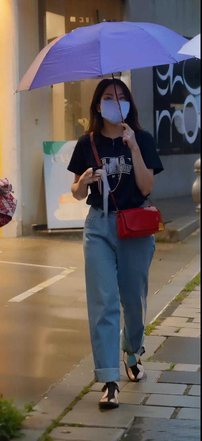 Woman walking down the street with umbrella and red purse, High quality clear photos