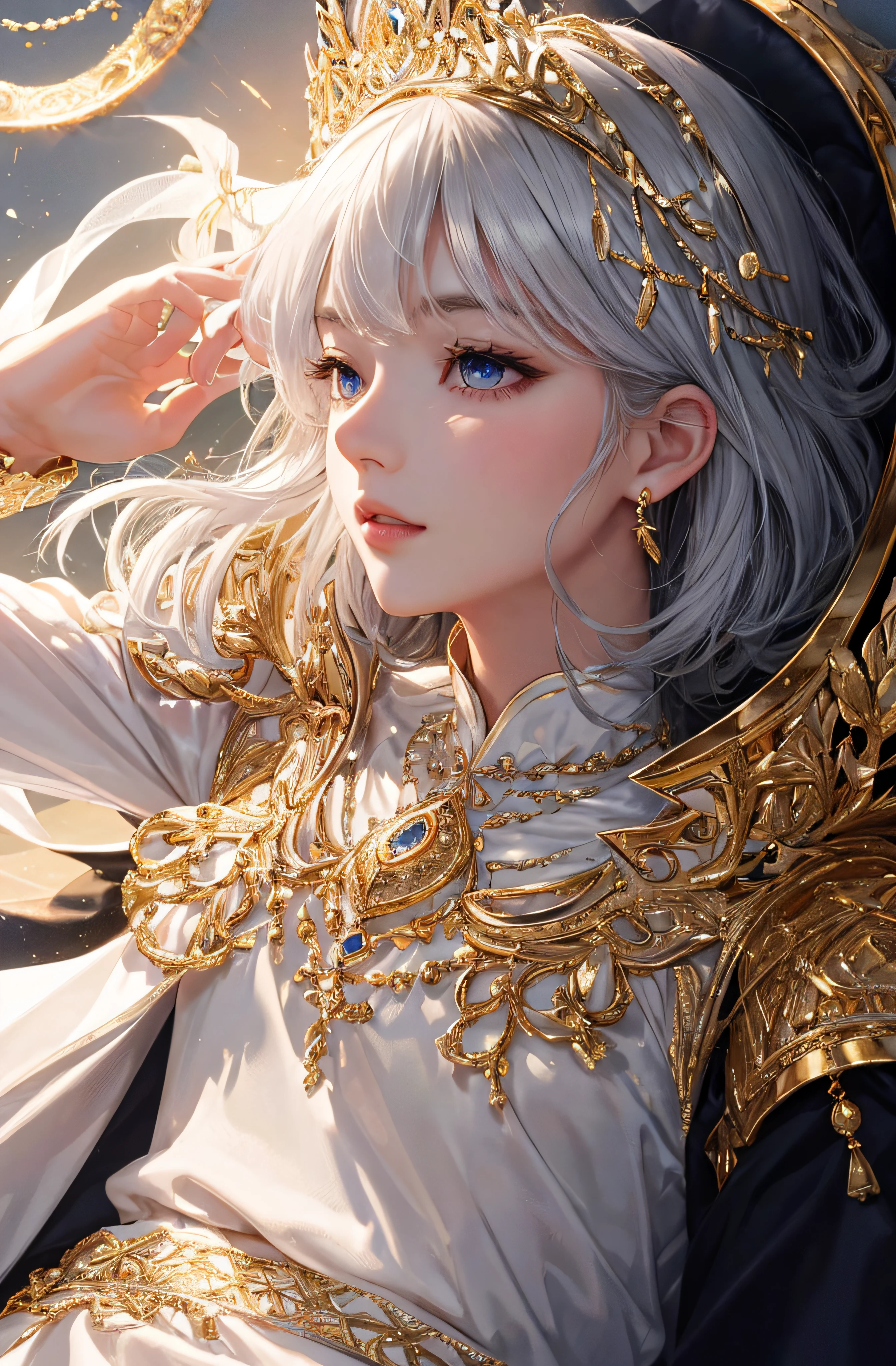 The upper part of the body、The face is front、profile、8K、realphoto、超A high resolution, Master Parts, Best Quality, nffsw , cinematic images,Lovely girl、ann、16 only、Anglo-Saxon、二重まぶた、drooing eyes、Very big eyes、Eyes purple、Dark eye shadow、The lips are very thin、The tip of the nose stretches beautifully............................、the tip of the nose is small,,,,, ighly detailed , Silver hair、Straight short hair、ssmile、 Sweet look 、a very beautiful woman、legs are long、 Very clear shadows , jewely , A sexy , A detailed eye, very intricate, shiny skins , Perfect Brilliant, Perfect Lighting, Dramatic shadows、White tiara on head、Gold necklace around the neck、White aristocratic dress with gold embroidery、