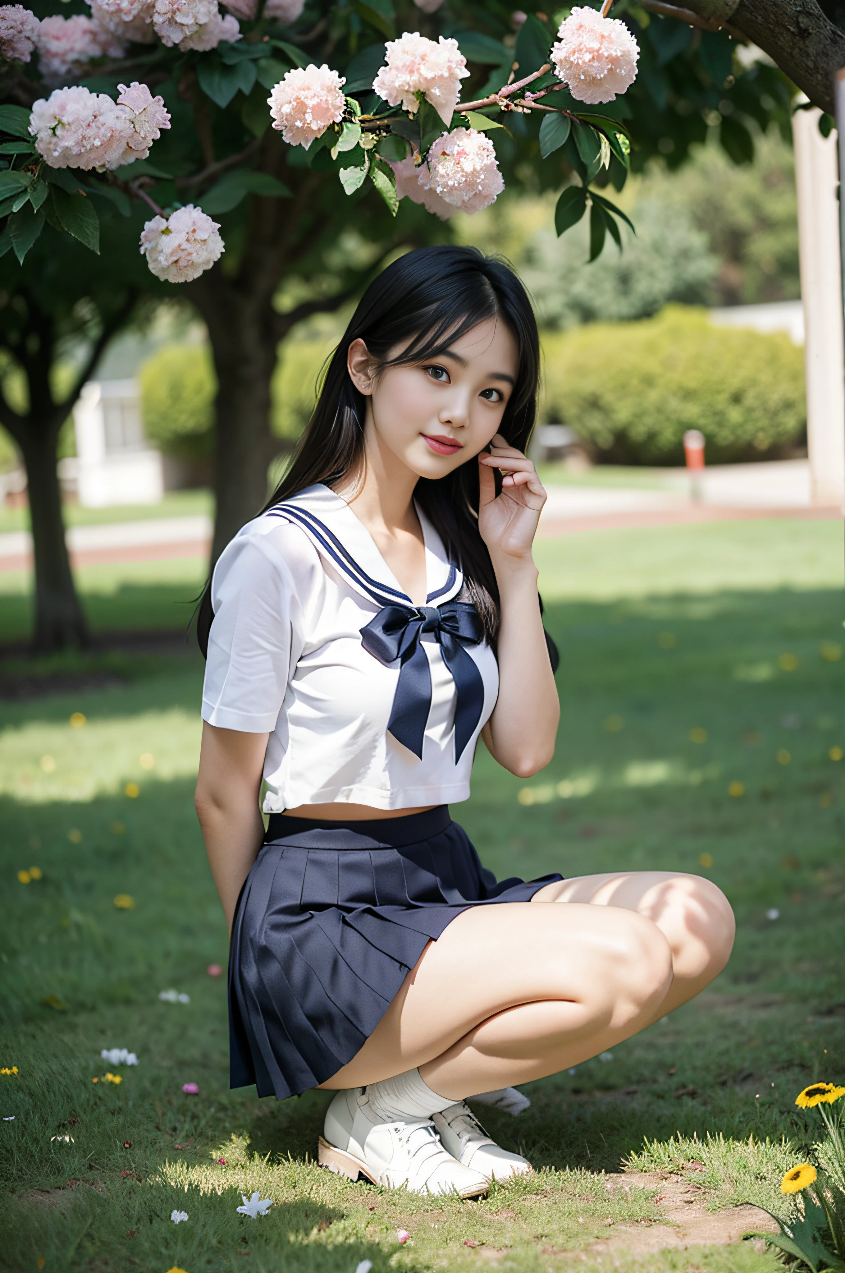 Very cute and beautiful girl,(very detailed beautiful face and eyes:1.2),
Smile,Black hair,Sailor School Uniform,(Navy blue pleated mini skirt),Cowboy Shot,
(From below:1.2),(Squatting),Beautiful legs,White panties,
Flower Garden,grass field,shrubbery,
(Best Quality,masutepiece:1.2),Intricate details,hight resolution,Extremely detailed,Cinematic lighting,Solo,