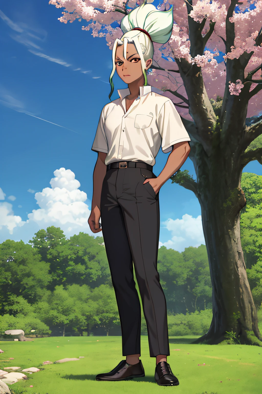 masterpiece, best quality, high quality, top-quality (japan countryside), standing next to cherry blooms trees, night time, full moon, Dr. Stone, Senku Ishigami, 1boy, solo, male focus, looking at viewer, upper body, ishigami_senkuu,white dreadlocs, dark skin, athletic build, wearing a white button up shirt, muscle-fit, pants, black slacks, shoes, Jordan 1 Retro High OG, full body, Looking at Viewer,