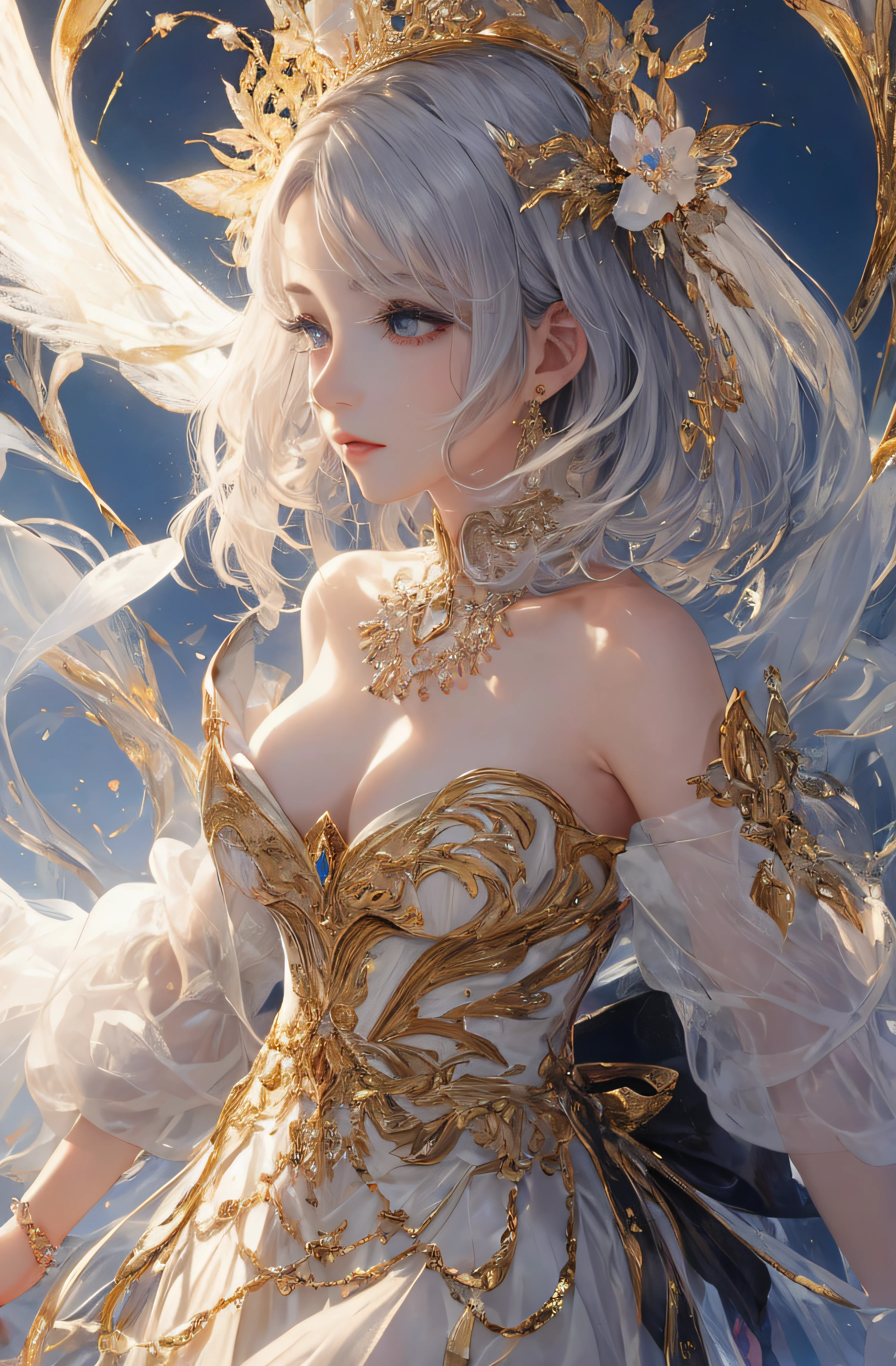 The upper part of the body、The face is front、profile、8K、realphoto、超A high resolution, Master Parts, Best Quality, nffsw , cinematic images,Lovely girl、ann、16 only、Anglo-Saxon、二重まぶた、drooing eyes、Very big eyes、Eyes purple、Dark eye shadow、The lips are very thin、The tip of the nose stretches beautifully............................、the tip of the nose is small,,,,, ighly detailed , Silver hair、Straight short hair、ssmile、 Sweet look 、a very beautiful woman、legs are long、 Very clear shadows , jewely , A sexy , A detailed eye, very intricate, shiny skins , Perfect Brilliant, Perfect Lighting, Dramatic shadows、White tiara on head、Gold necklace around the neck、White aristocratic dress with gold embroidery、