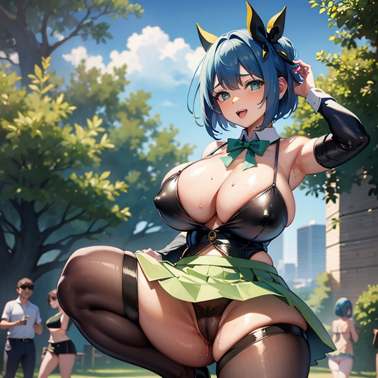 1 Beautiful Girl,standing and urinating,sunny park with lots of people,large crowd of spectators,I'm excited to be watched by so many people,Best Quality, Bright colors, High-definition illustrations,extremely delicate CG,hightquality,masuter piece,upper limbs,dent in the skin,Realistic damp skin,Mass sweat,Innocent face,It feels good and exhilarating,beautiful big blue eyes,(((Standing with legs spread wide and knees bent in a vulgar pose:1.3))),(((Short bob cut with bright emerald green hair:1.3))),((Big big yellow bow tie shaped ribbon on the back of the head:1.2)),Open mouth, sticking out the tongue,(He wears a navy blue bow tie around his neck.), (Hands folded behind the head:1.1),Armpits,(black leather long gloves:1.1),(Exuberant big breasts:1.1), (Very large pink areola:1.1),((He is wearing a transparent white sleeveless shirt 1.2)), large curved hips,hypertrophy,Thick thighs, perfect leg,Plump,((black leather bloomers and purple pantyhose:1.2)),(You can see through your:1.1),(((Golden pee is coming out of her pussy in a parabolic shape 1.3))),(((short yellow skirt:1.3))),(Red High Heels:1.1)