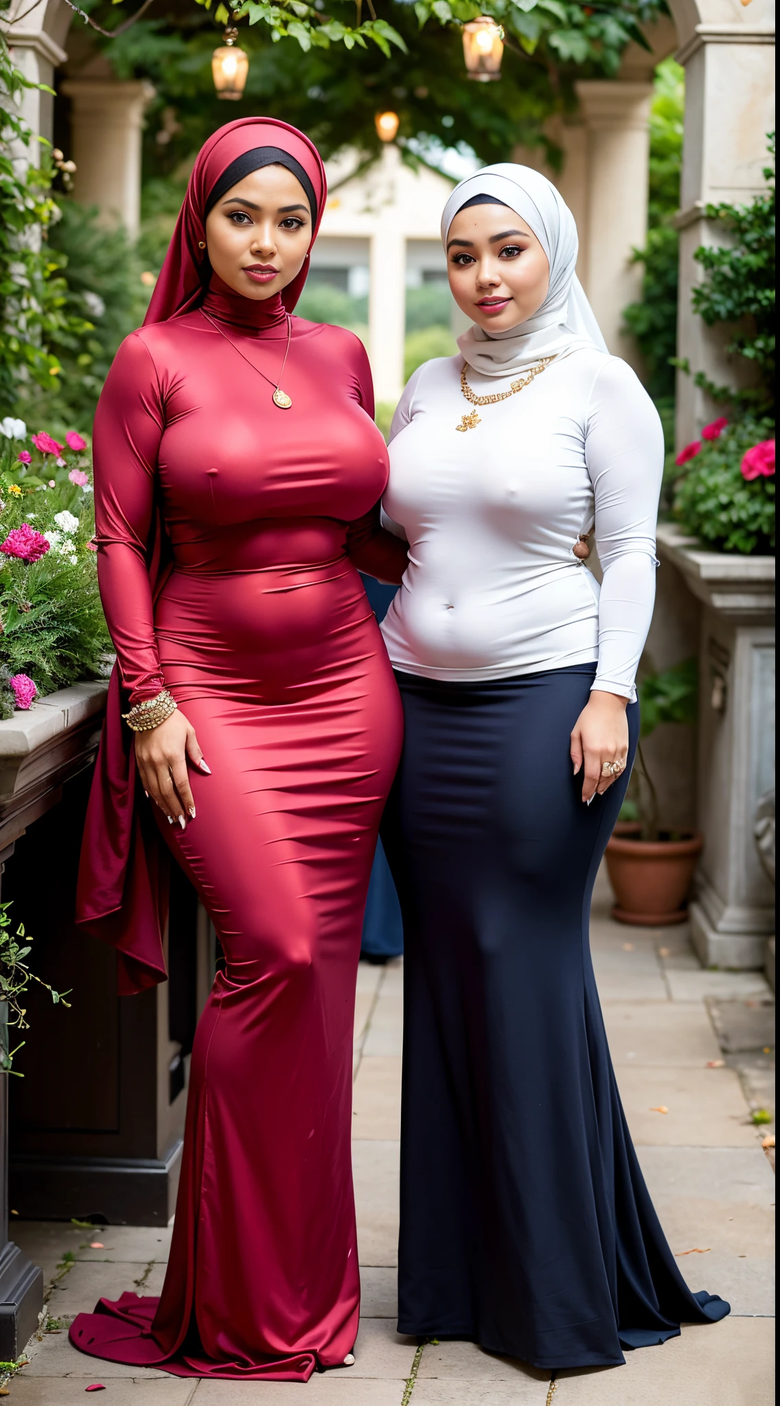 RAW, Best quality, high resolution, masterpiece: 1.3), beautiful Malay woman in hijab, Masterpiece, perfect fit body, Big breasts, beautiful big eyes, open stand, Soft smile, two women in hijab posing in a flower garden, wearing long eloquent clothes, full body image, clothing design, full body intertwined look, diverse clothing, thick thighs, thick buttocks, full body, graceful and elegant, simple!, office wear, full body shooting, fully dressed!!! , Delicate turtlenecks, long necklaces, hairbands, evening walks, garden plants, Great lighting, Bright colors, Clean lines