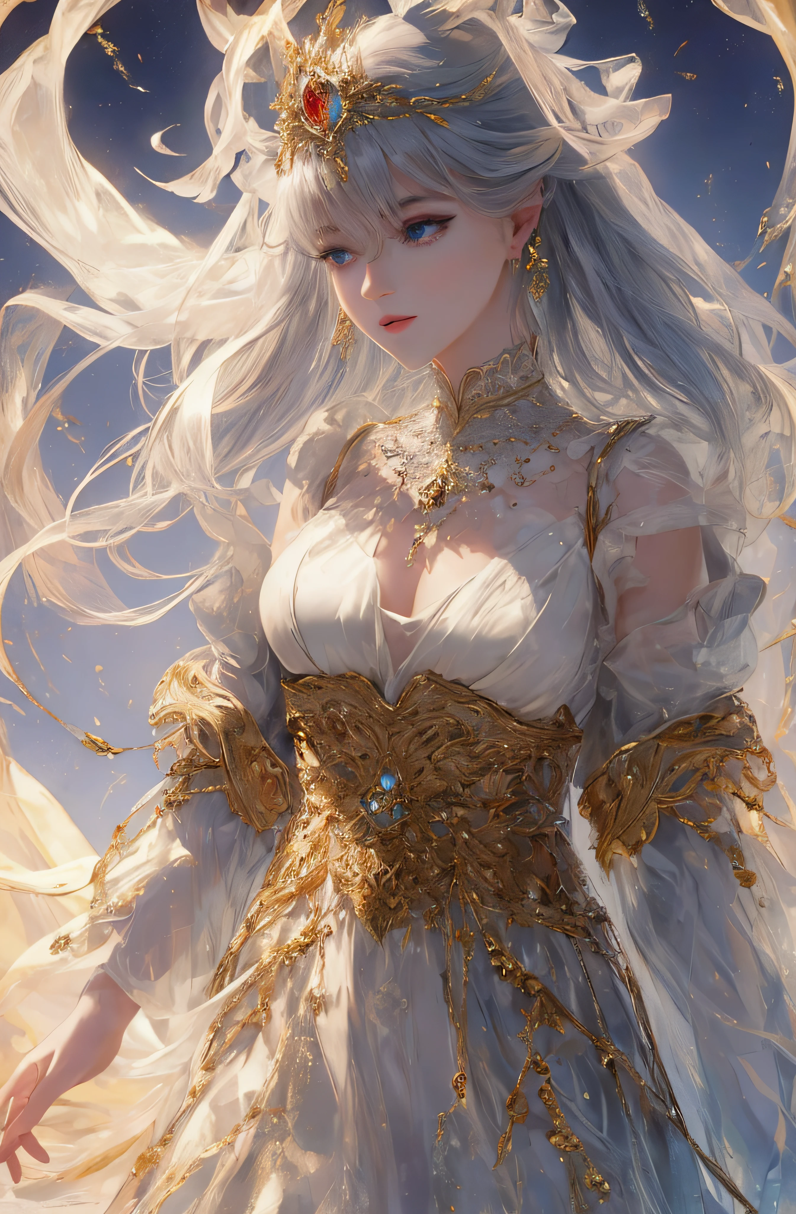 The upper part of the body、The face is front、profile、8K、realphoto、超A high resolution, Master Parts, Best Quality, nffsw , cinematic images,Lovely girl、ann、16 only、Anglo-Saxon、二重まぶた、drooing eyes、Very big eyes、Eyes purple、Dark eye shadow、The lips are very thin、The tip of the nose stretches beautifully............................、the tip of the nose is small,,,,, ighly detailed , Silver hair、Straight short hair、ssmile、 Sweet look 、a very beautiful woman、legs are long、 Very clear shadows , jewely , A sexy , A detailed eye, very intricate, shiny skins , Perfect Brilliant, Perfect Lighting, Dramatic shadows、White tiara on head、Gold necklace around the neck、White aristocratic dress with gold embroidery、